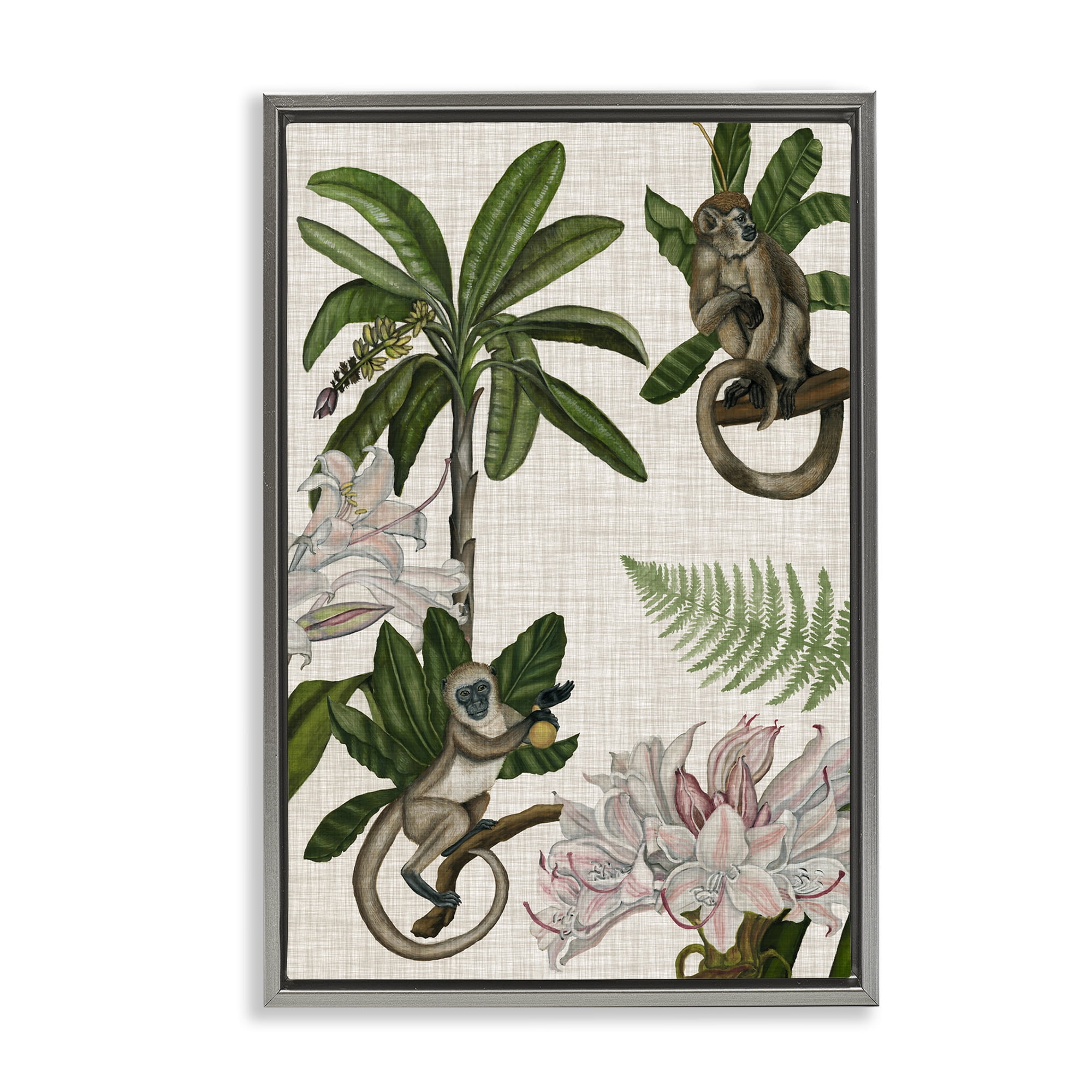 Stupell Industries Tropical Monkey Studies Plants & Flowers Painting Gray Floater Framed Canvas Art Print Wall Art, 21 x 31