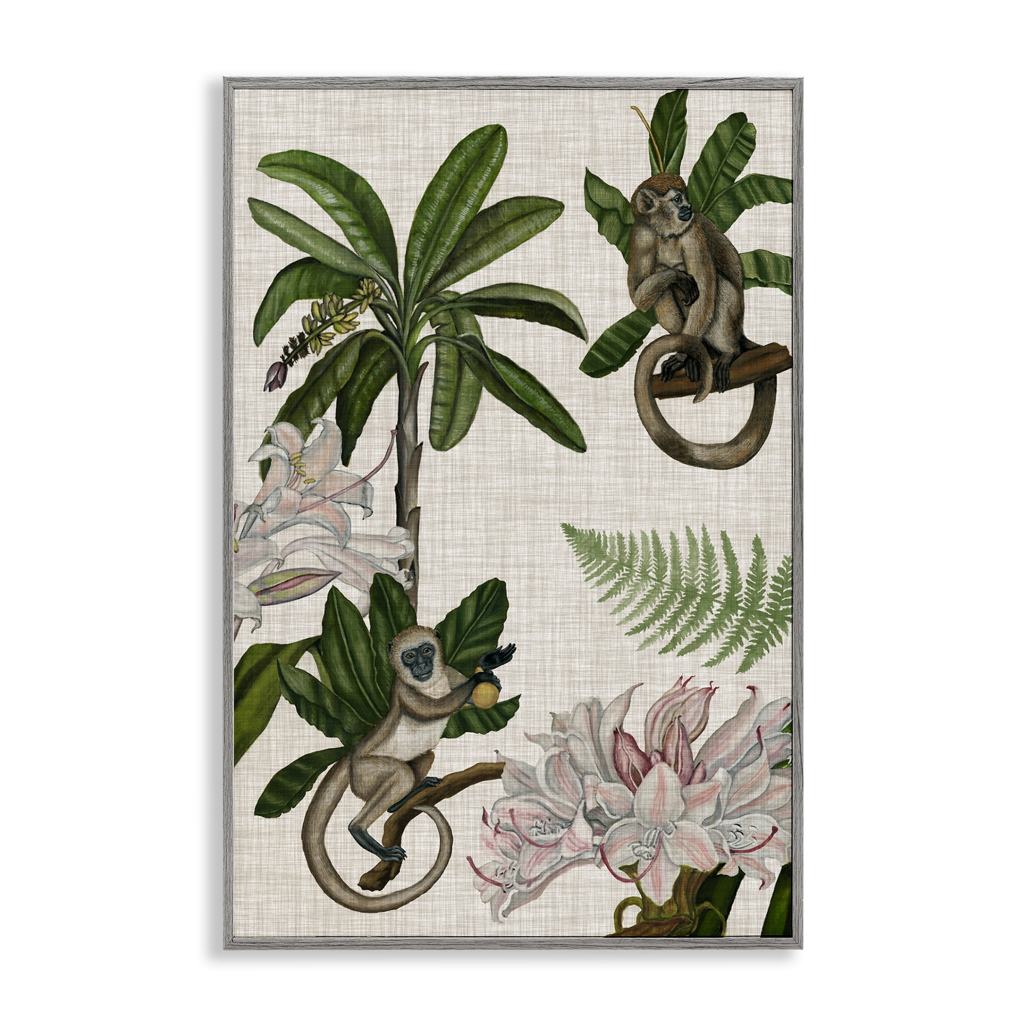 Stupell Industries Tropical Monkey Studies Plants & Flowers Painting Gray Framed Art Print Wall Art, 16 x 24