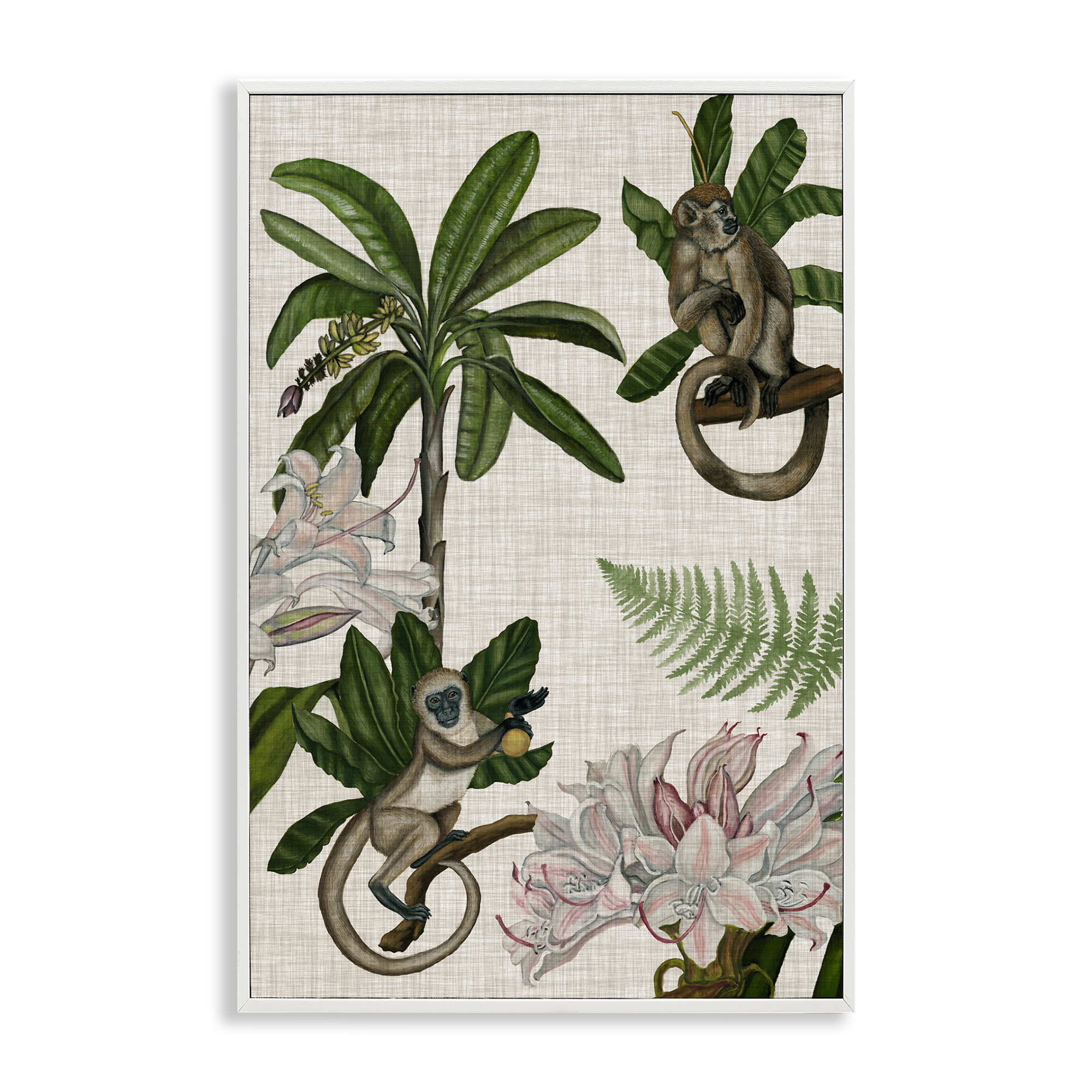 Stupell Industries Tropical Monkey Studies Plants & Flowers Painting White Framed Art Print Wall Art, 20 x 30