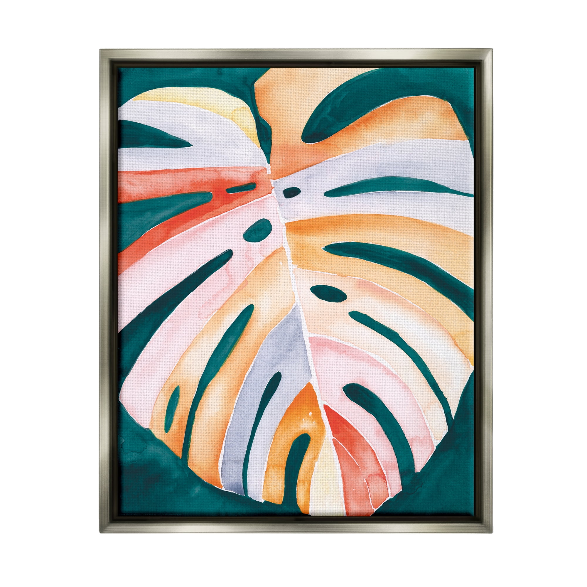 Tropical Monstera Leaf Print on Canvas with Gray Frame, 25 x 31