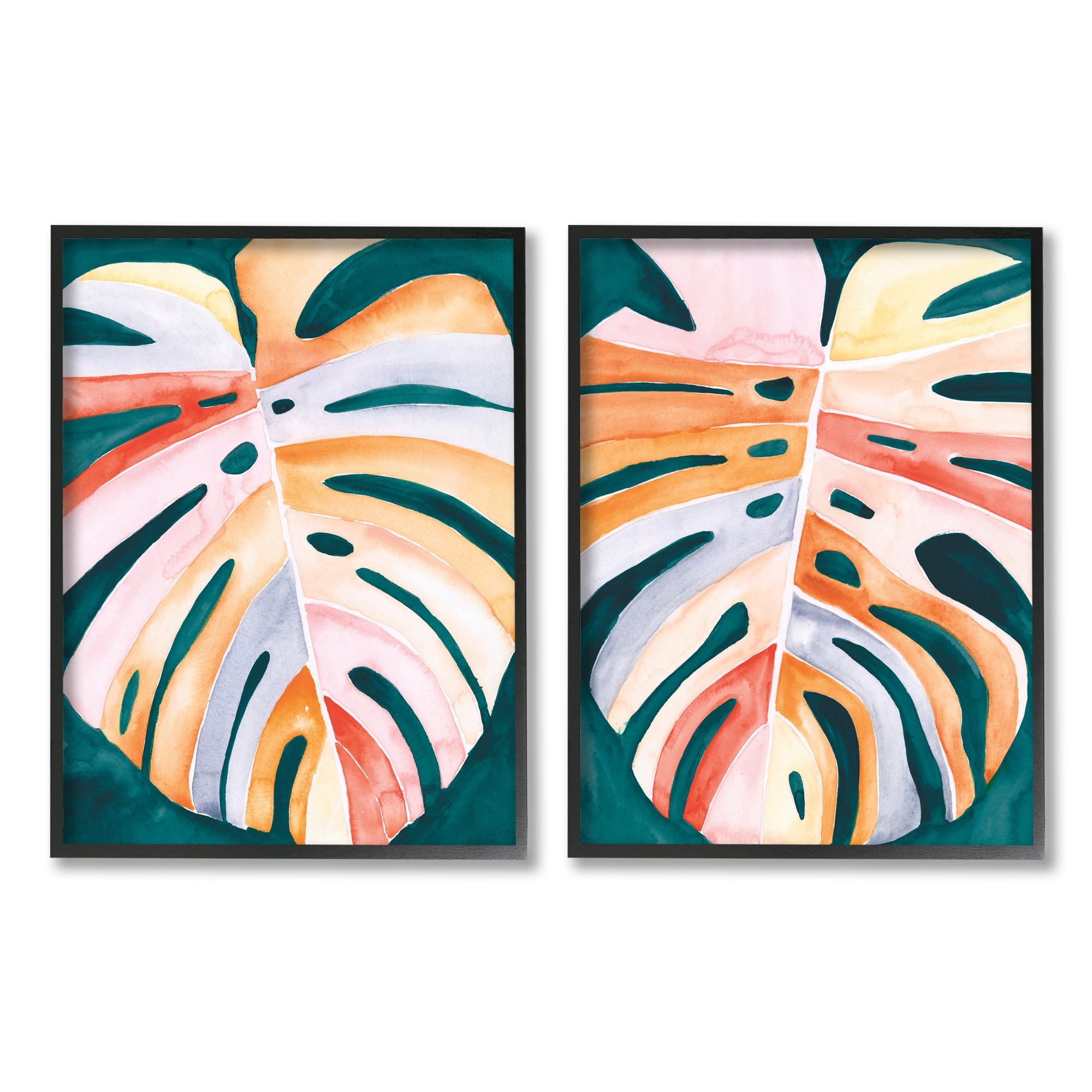 Stupell Industries Tropical Monstera Leaves Botanical & Floral Painting Black Framed Art Print Wall Art, 11 x 14, Set of 2