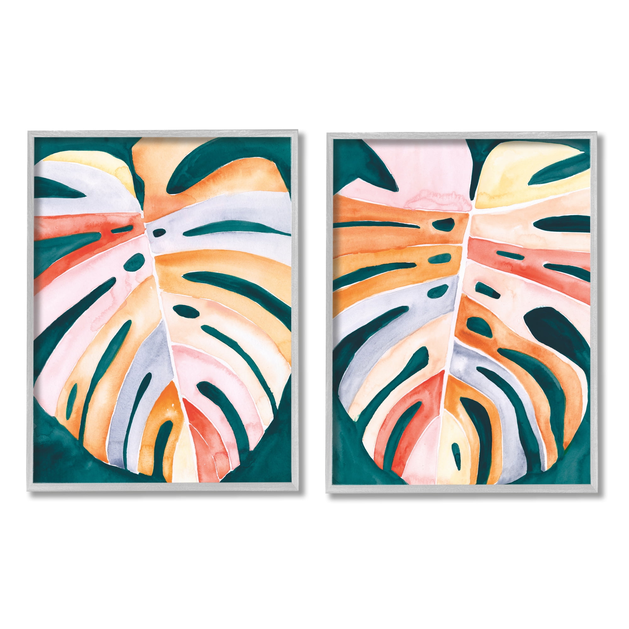 Stupell Industries Tropical Monstera Leaves Botanical & Floral Painting Gray Framed Art Print Wall Art, 11 x 14, Set of 2