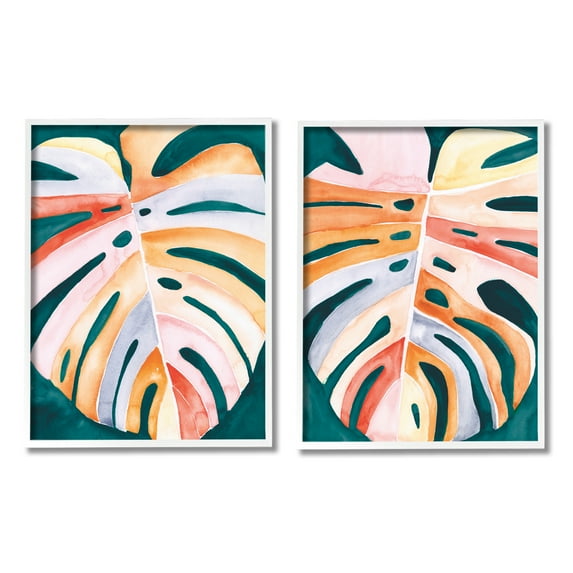 Stupell Industries Tropical Monstera Leaves Botanical & Floral Painting White Framed Art Print Wall Art, 16 x 20, Set of 2