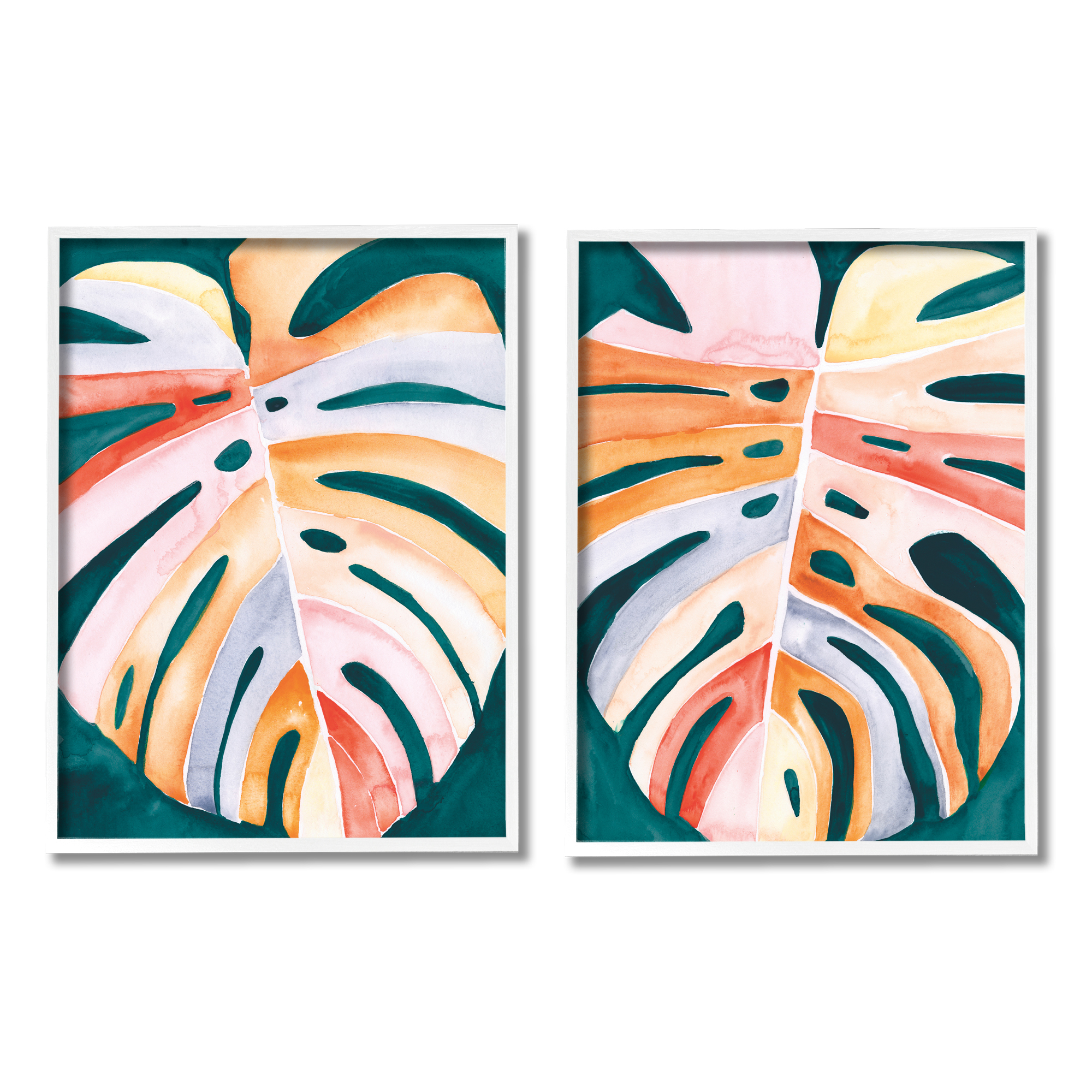 Stupell Industries Tropical Monstera Leaves Botanical & Floral Painting White Framed Art Print Wall Art, 24 x 30, Set of 2