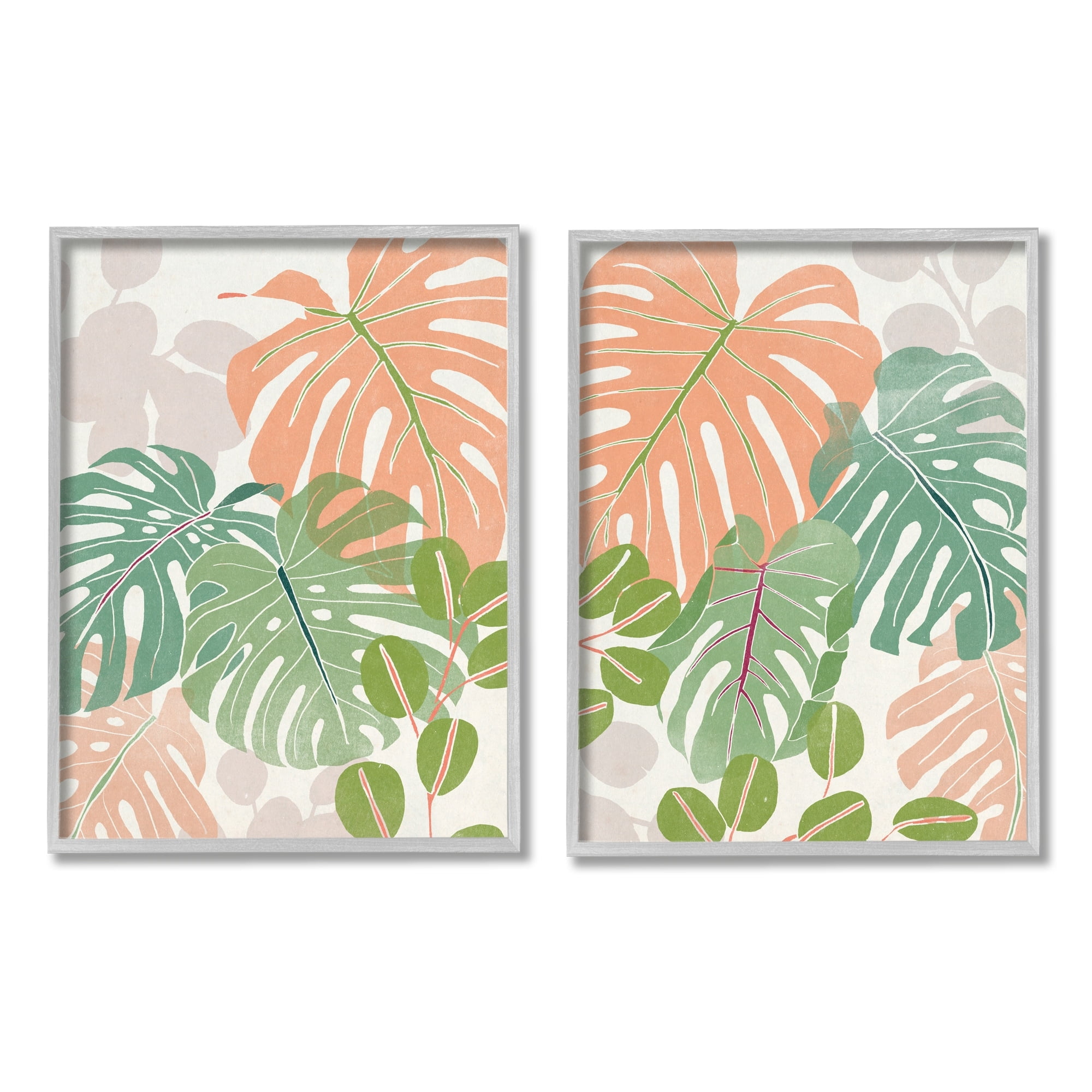 Stupell Industries Tropical Monstera Palm Leaves Green Orange Grey Framed, 11 x 14, Design by June Erica Vess
