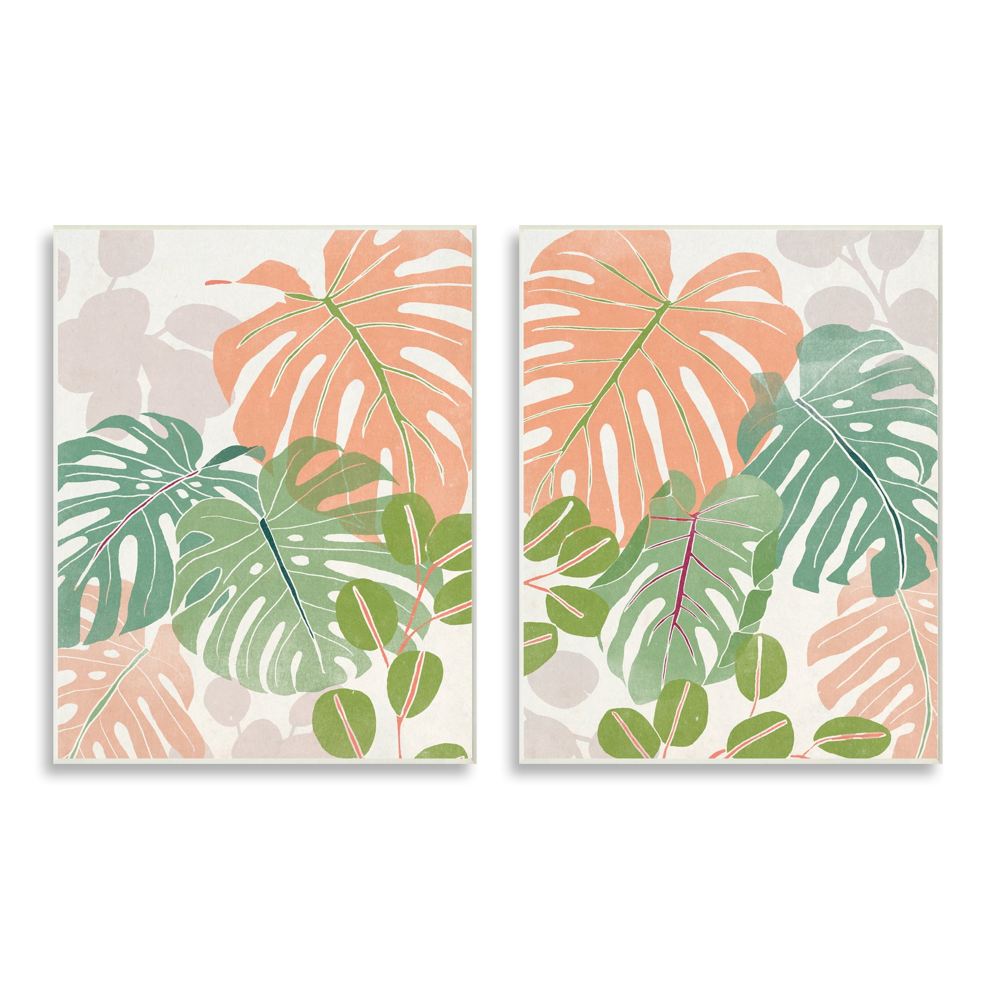 Tropical Monstera Palm Leaves Green and Orange Wood Wall Art, 10 x 15