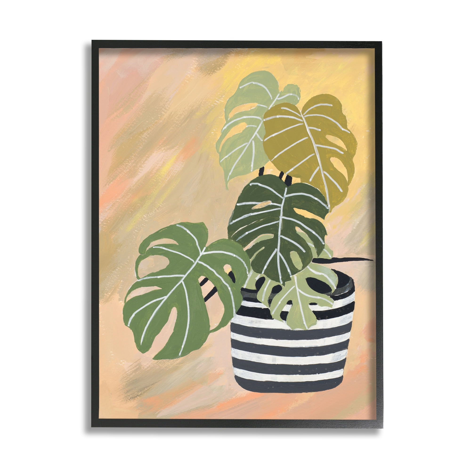 Stupell Industries Tropical Monstera Plant Unique Leaves Over Abstract Botanical & Floral Painting Black Framed Art Print Wall Art, 16 x 20
