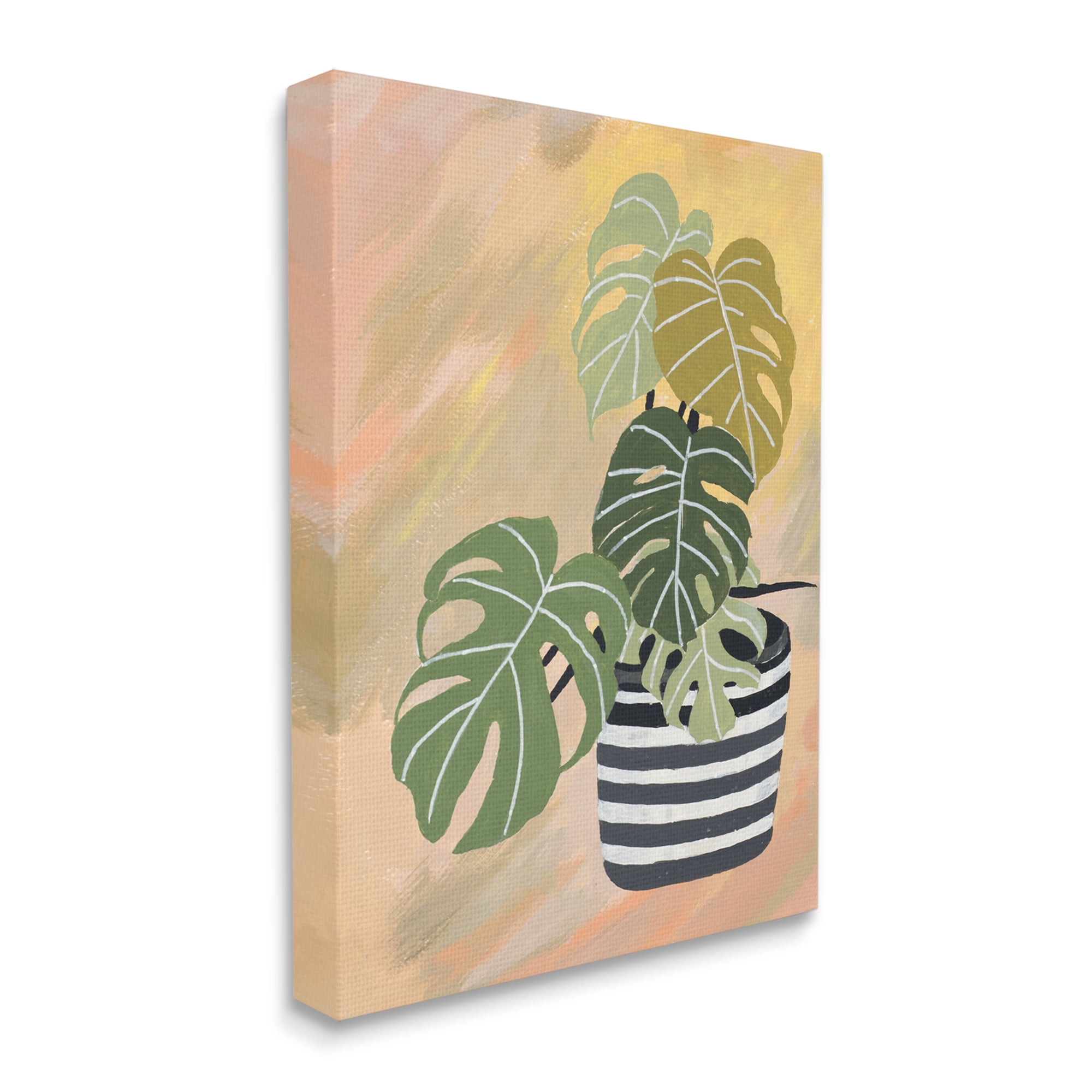 Stupell Industries Tropical Monstera Plant Unique Leaves Over Abstract Botanical & Floral Painting Gallery Wrapped Canvas Art Print Wall Art, 24 x 30