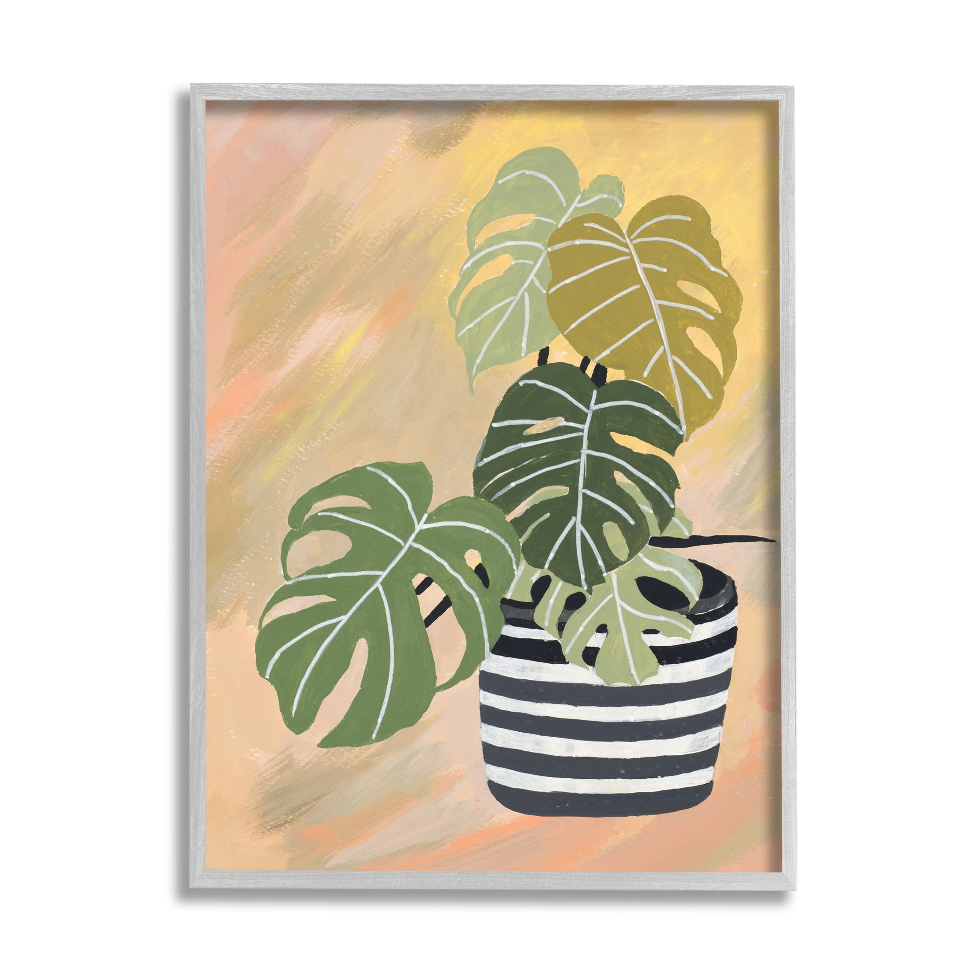 Stupell Industries Tropical Monstera Plant Unique Leaves Over Abstract Botanical & Floral Painting Gray Framed Art Print Wall Art, 11 x 14
