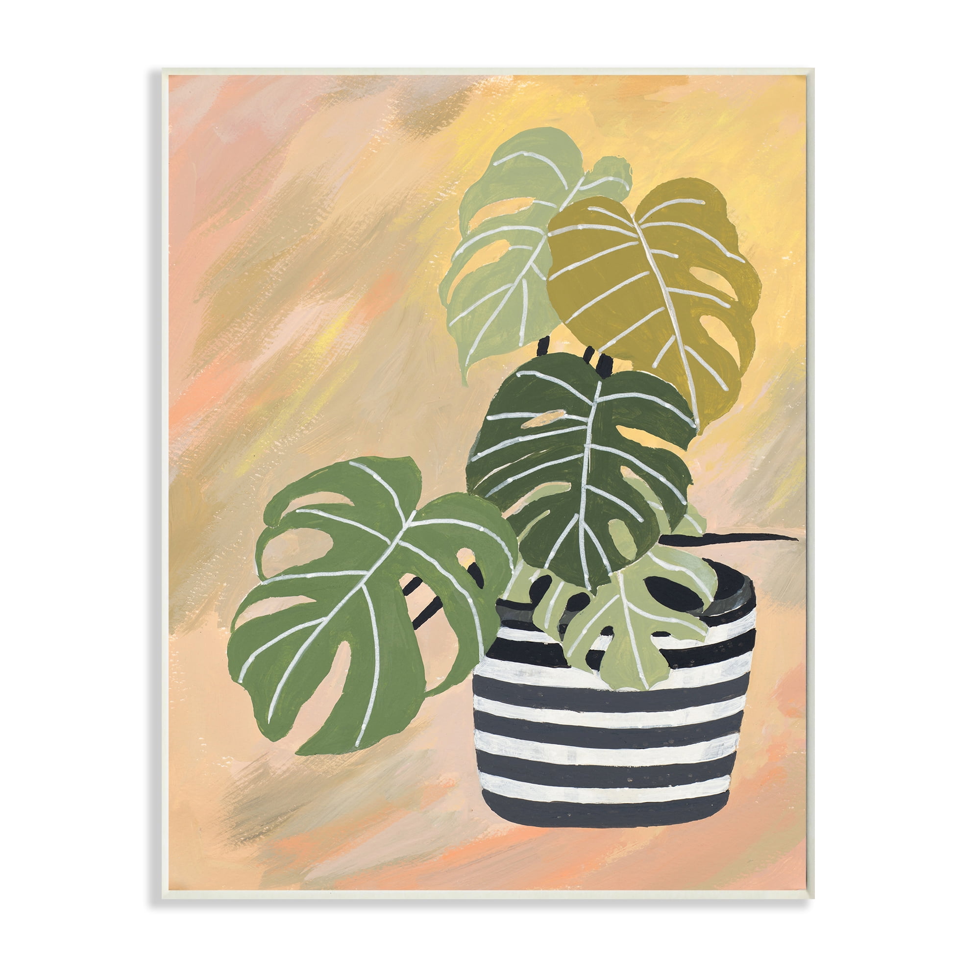 Stupell Industries Tropical Monstera Plant Unique Leaves Over Abstract Botanical & Floral Painting Unframed Art Print Wall Art, 10 x 15