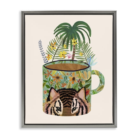 Stupell Industries Tropical Mug with Tiger Gray Framed Floater Canvas Wall Art design by Mia Charro, 21 x 17