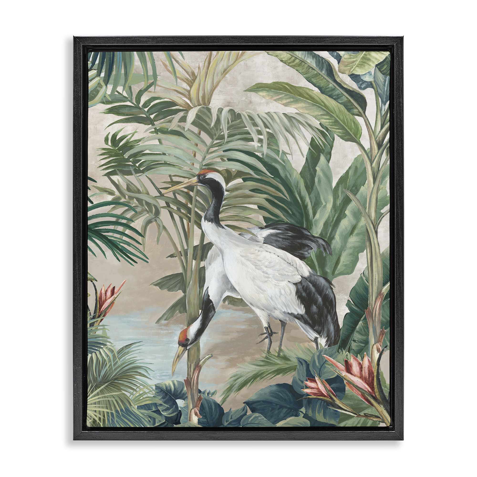 Stupell Industries Tropical Oasis Cranes Animals Painting Black Floater Framed Canvas Art Print Wall Art, 25 x 31
