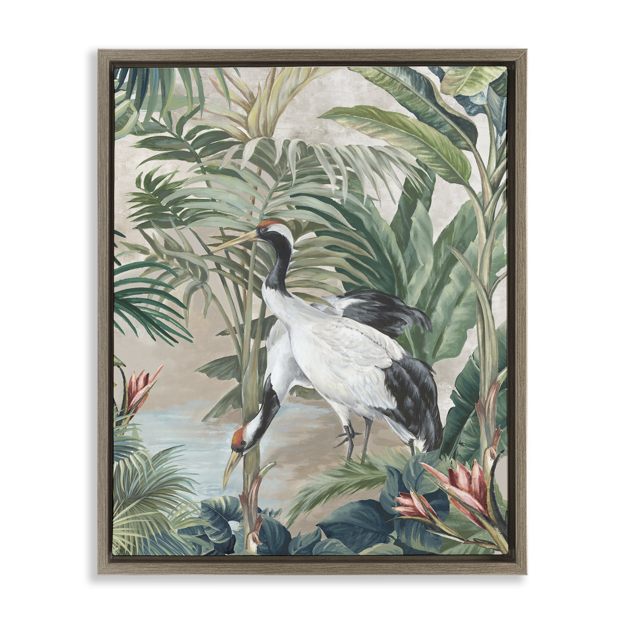 Stupell Industries Tropical Oasis Cranes Animals Painting Brown Floater Framed Canvas Art Print Wall Art, 17 x 21