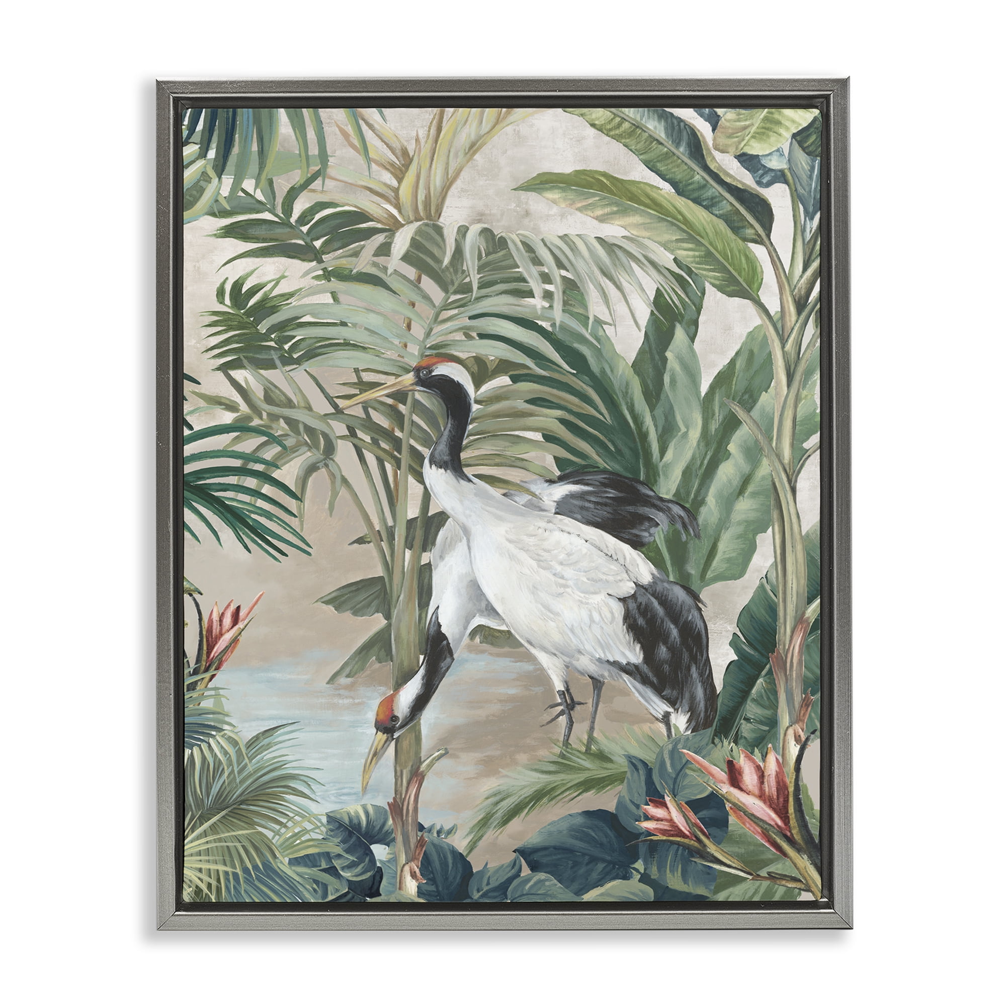 Stupell Industries Tropical Oasis Cranes Animals Painting Gray Floater Framed Canvas Art Print Wall Art, 25 x 31