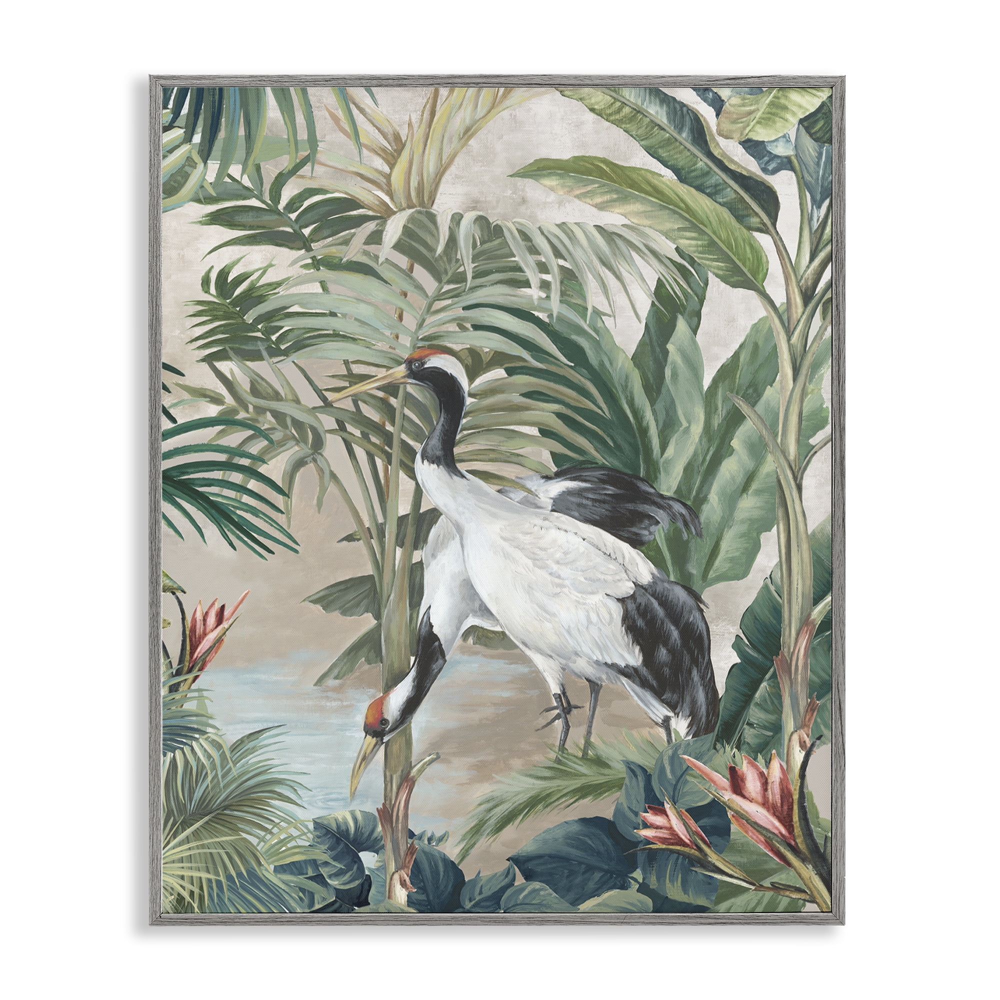 Stupell Industries Tropical Oasis Cranes Animals Painting Gray Framed Art Print Wall Art, 16 x 20