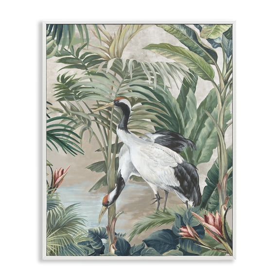 Stupell Industries Tropical Oasis Cranes Animals Painting White Framed Art Print Wall Art, 11 x 14