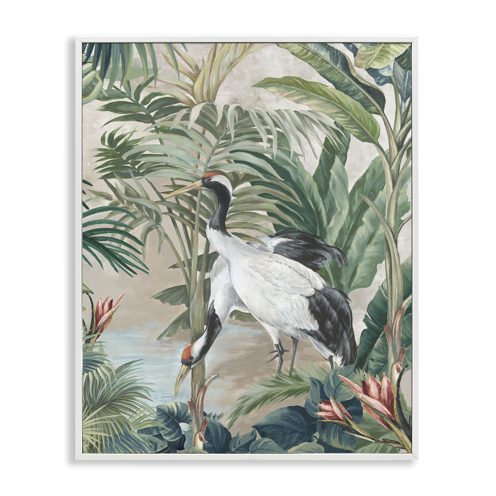 Stupell Industries Tropical Oasis Cranes Animals Painting White Framed Art Print Wall Art, 16 x 20