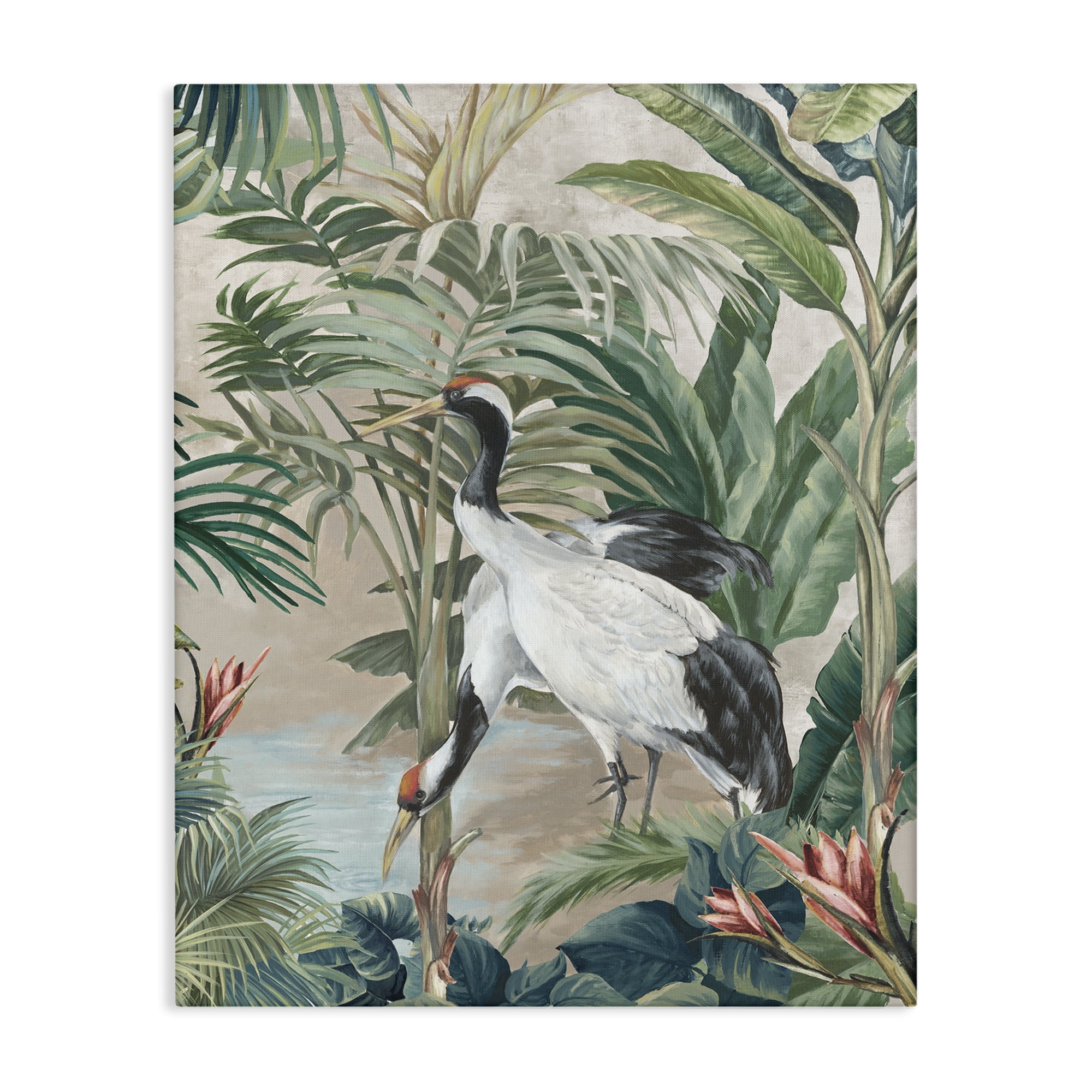 Stupell Industries Tropical Oasis Cranes Animals Painting Wrapped Canvas Art Print Wall Art, 24 x 30