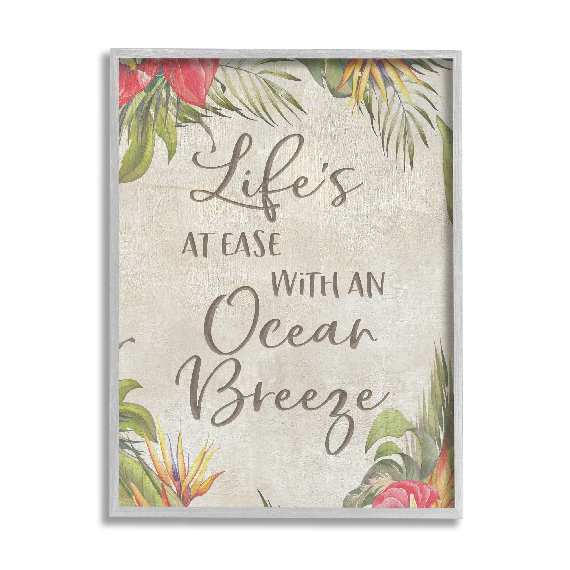 Stupell Industries Tropical Ocean Breeze Floral Border Summer Phrase Graphic Art Gray Framed Art Print Wall Art, Design by CAD Designs