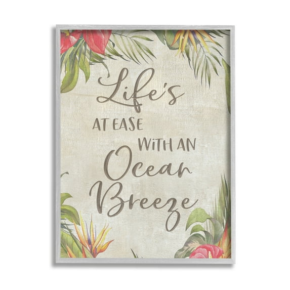 Stupell Industries Tropical Ocean Breeze Floral Border Summer Phrase Graphic Art Gray Framed Art Print Wall Art, Design by CAD Designs