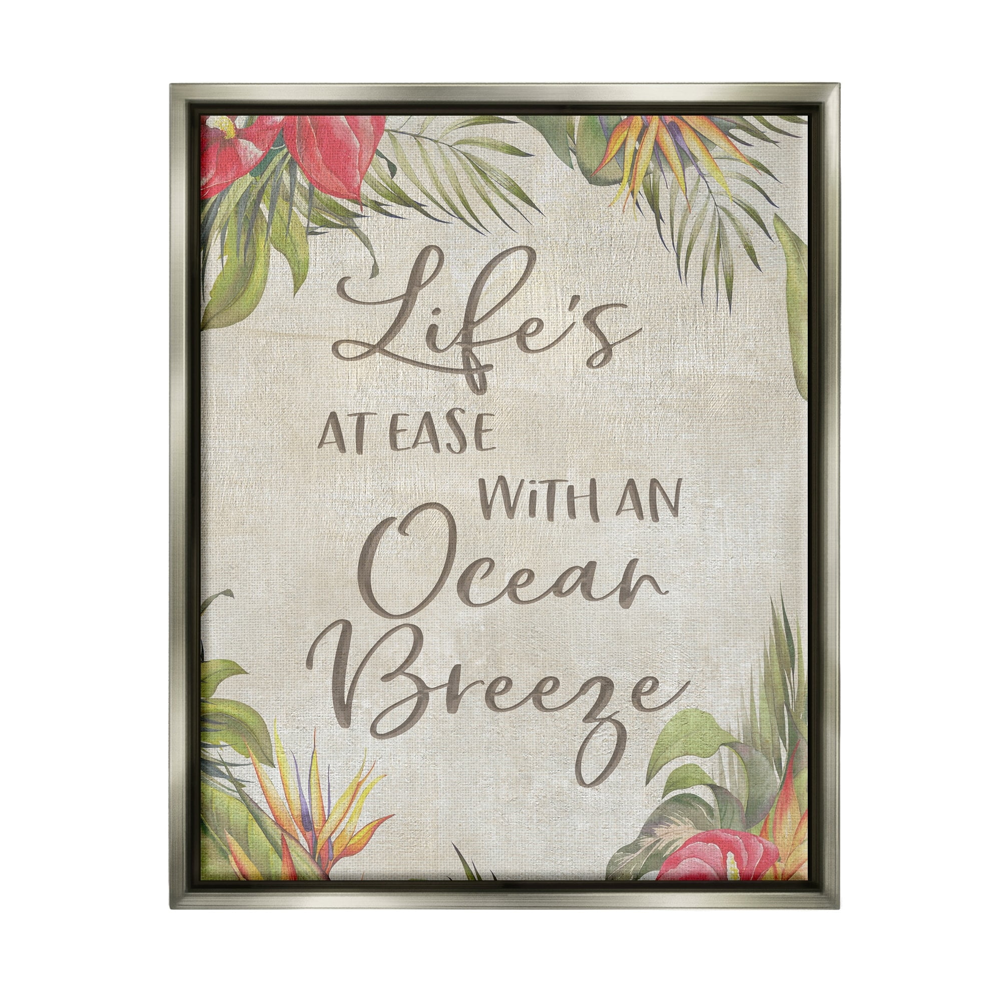 Stupell Industries Tropical Ocean Breeze Floral Border Summer Phrase Graphic Art Luster Gray Floating Framed Canvas Print Wall Art, Design by CAD Designs