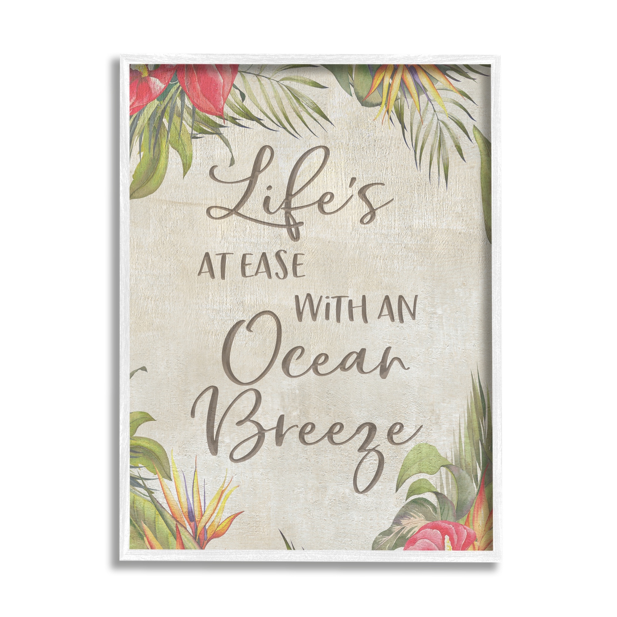 Stupell Industries Tropical Ocean Breeze Floral Border Summer Phrase Graphic Art White Framed Art Print Wall Art, Design by CAD Designs