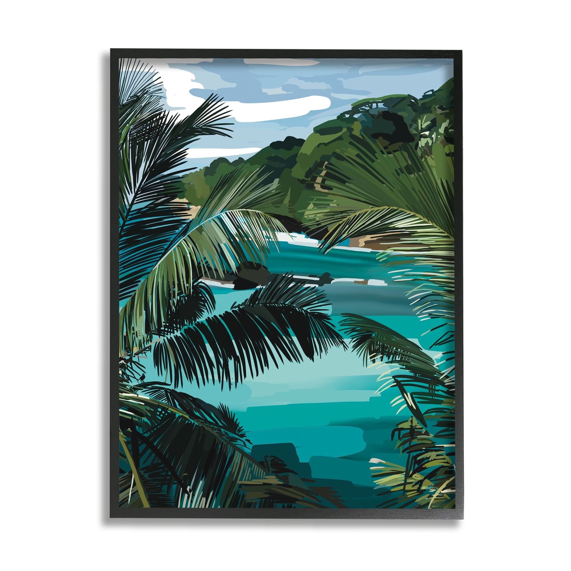 Stupell Industries Tropical Ocean Inlet Lush Palm Tree Hills Graphic Art Black Framed Art Print Wall Art, Design by Amelia Noyes