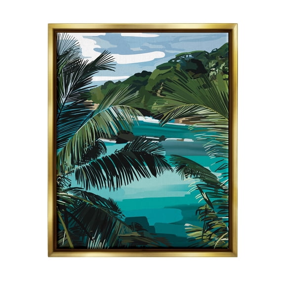 Stupell Industries Tropical Ocean Inlet Lush Palm Tree Hills Graphic Art Metallic Gold Floating Framed Canvas Print Wall Art, Design by Amelia Noyes
