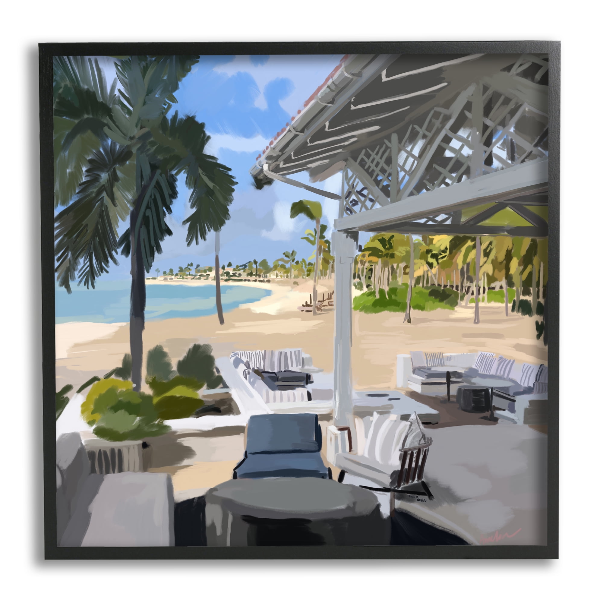 Stupell Industries Tropical Ocean Pergola Patio Lush Palm Trees Graphic Art Black Framed Art Print Wall Art, Design by Amelia Noyes
