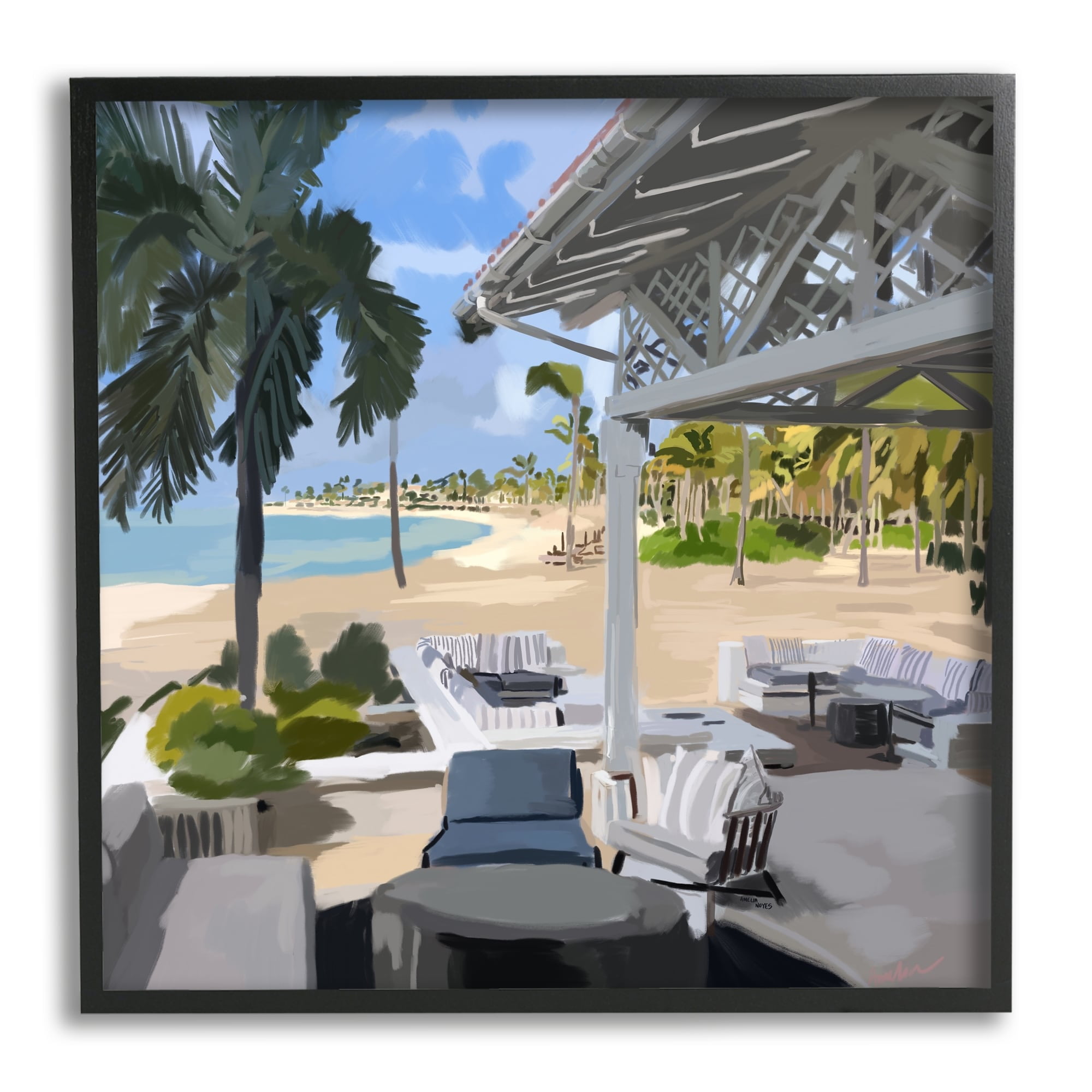 Stupell Industries Tropical Ocean Pergola Patio Lush Palm Trees Graphic Art Black Framed Art Print Wall Art, Design by Amelia Noyes