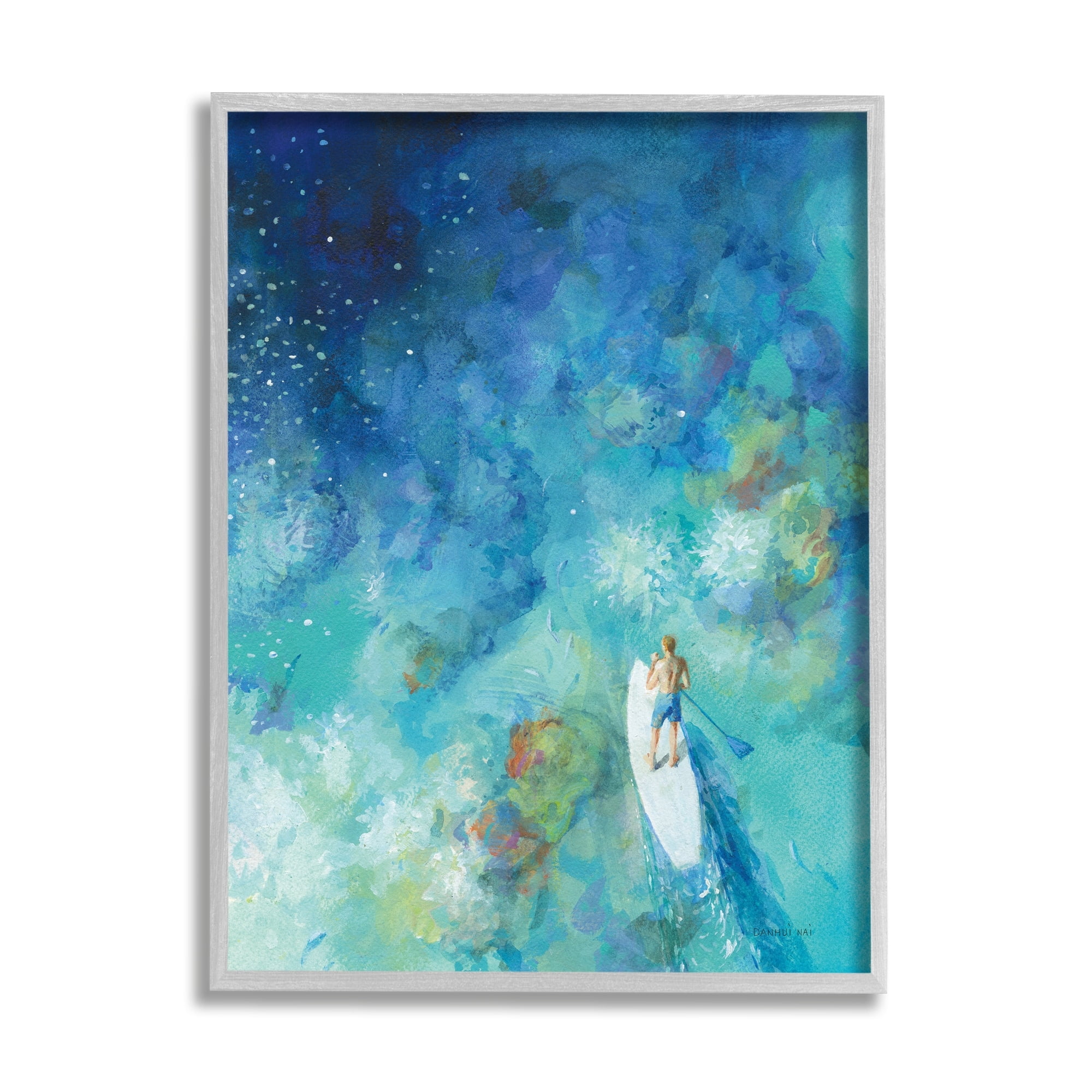 Stupell Industries Tropical Ocean Reef Paddle Board Male Surfer Blue, 16 x 20,Design by Danhui Nai