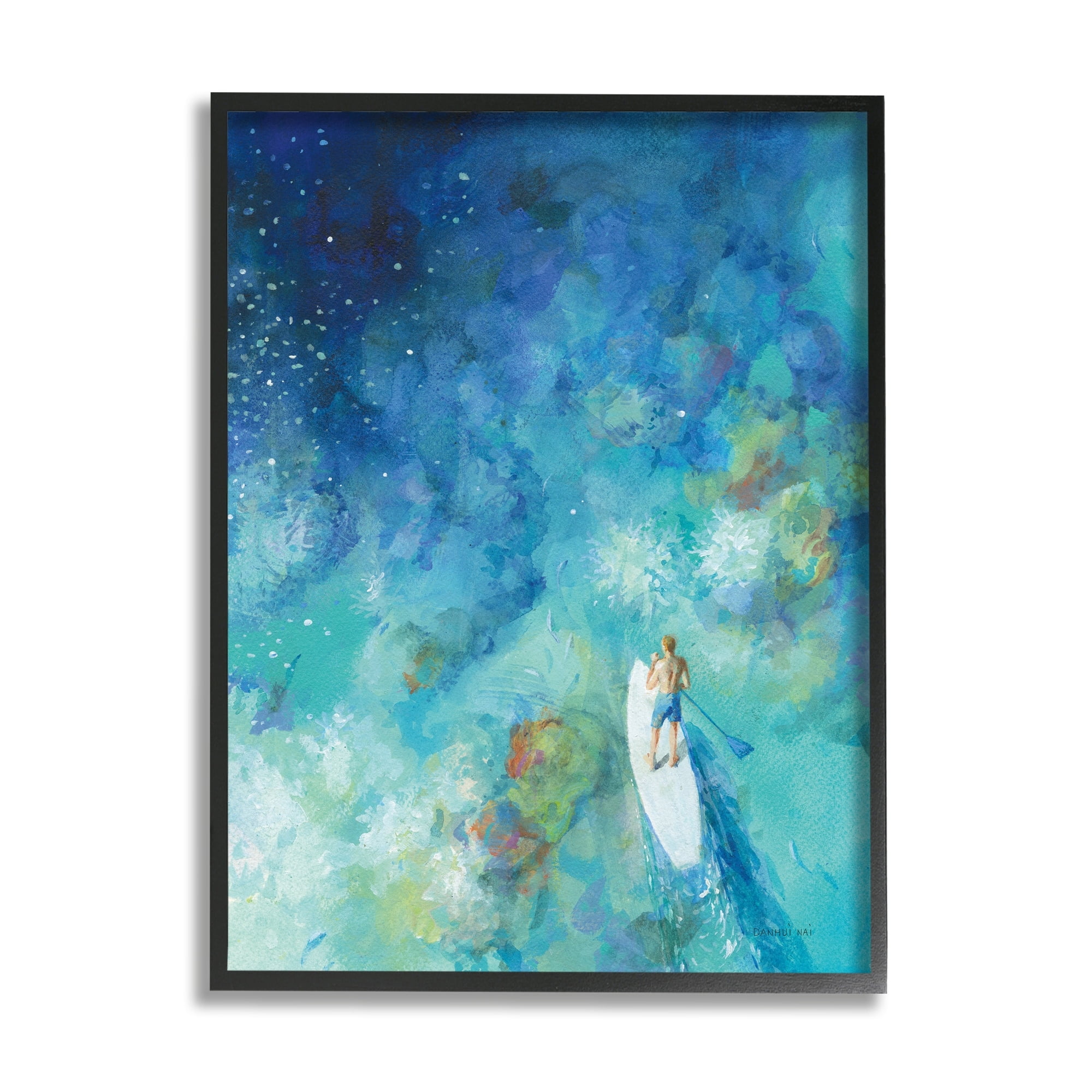 Stupell Industries Tropical Ocean Reef Paddle Board Male Surfer Blue, 16 x 20,Design by Danhui Nai