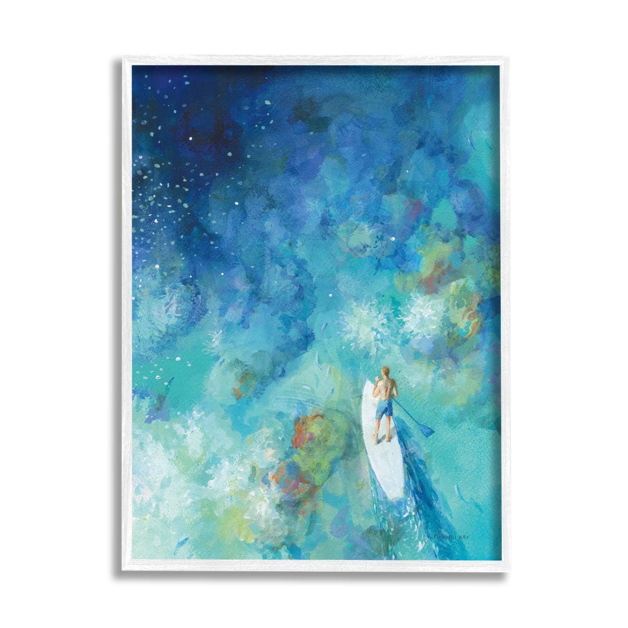 Stupell Industries Tropical Ocean Reef Paddle Board Male Surfer Blue, 24 x 30,Design by Danhui Nai