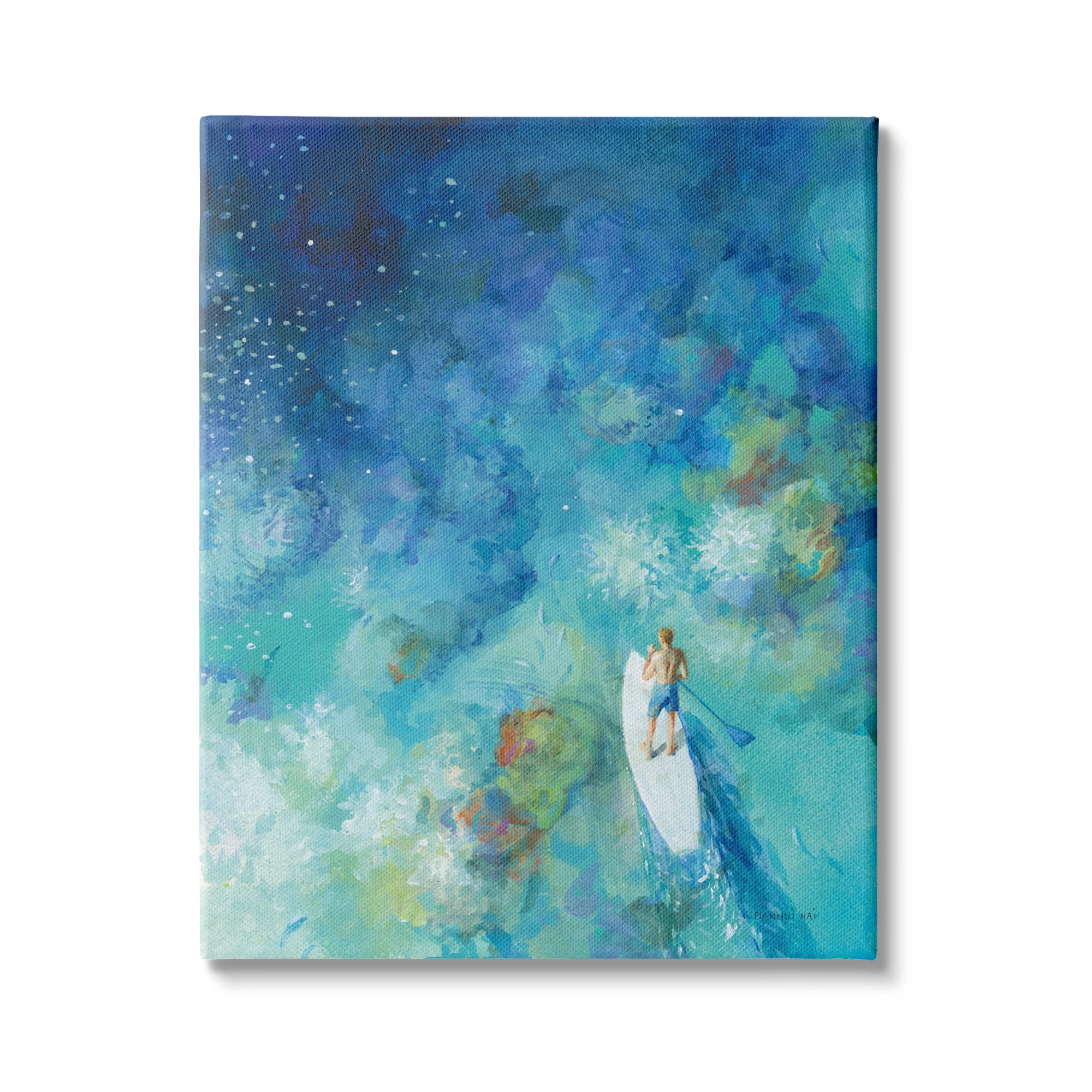 Stupell Industries Tropical Ocean Reef Paddle Board Male Surfer Blue, 30 x 40,Design by Danhui Nai