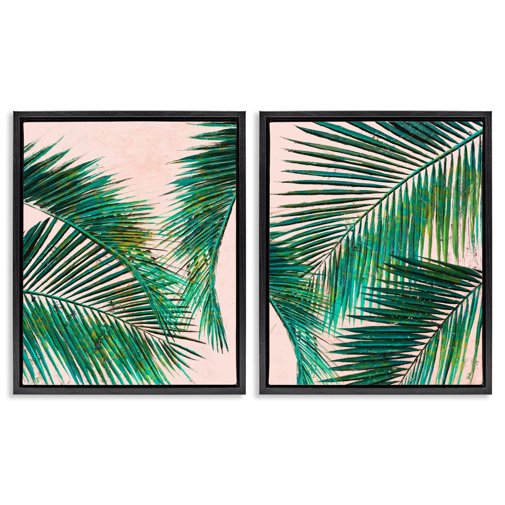 Stupell Industries Tropical Palm Fronds Plants & Flowers Painting Black Floater Framed Canvas Art Print Wall Art, 31 x 25, Set of 2