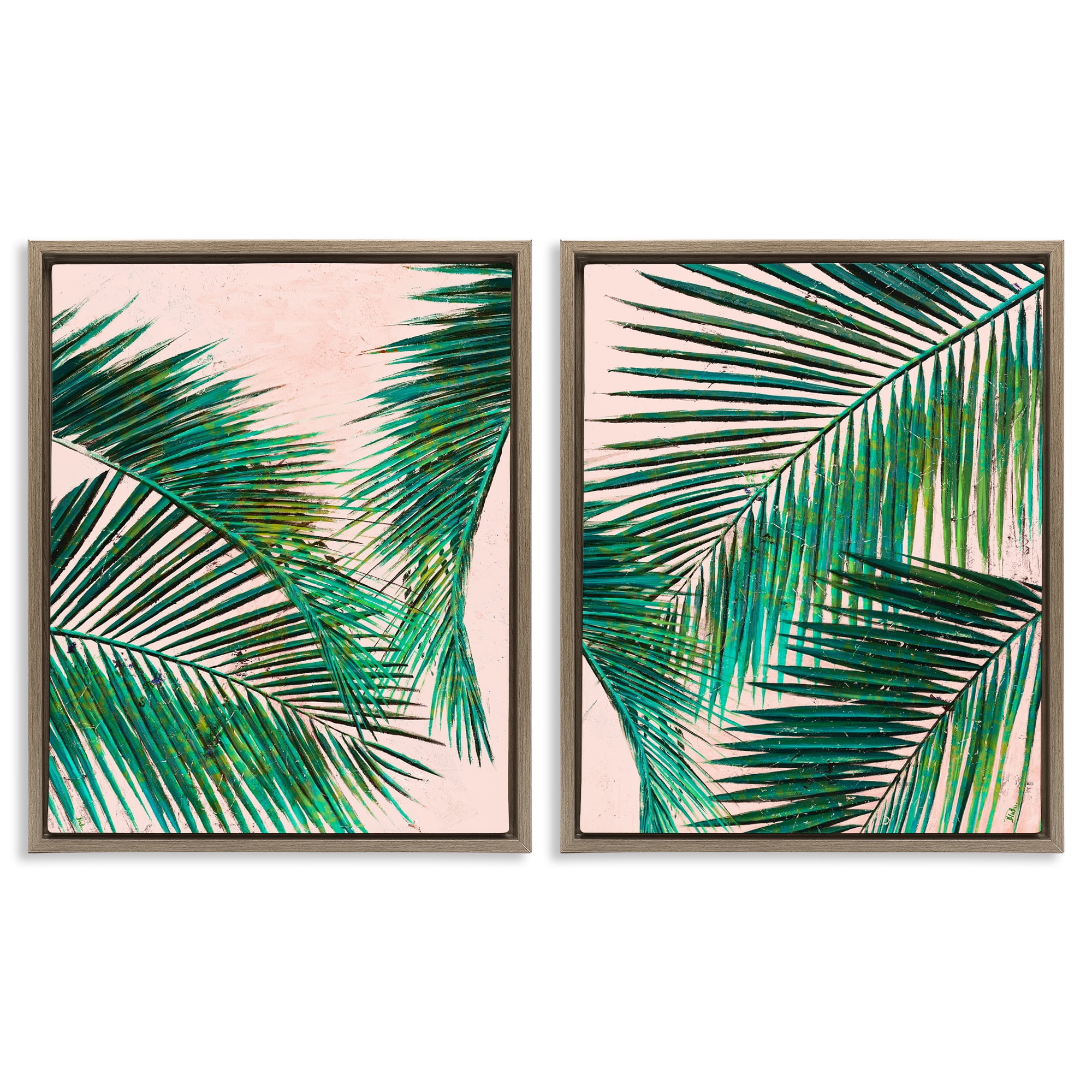 Stupell Industries Tropical Palm Fronds Plants & Flowers Painting Brown Floater Framed Canvas Art Print Wall Art, 17 x 21, Set of 2