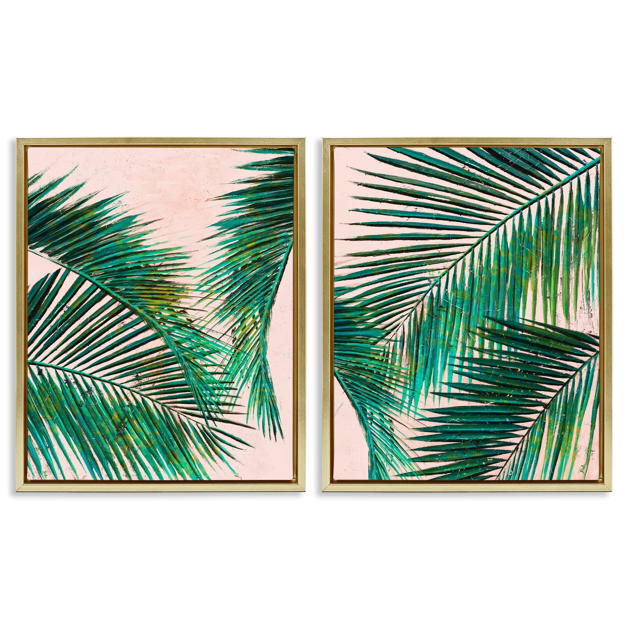 Stupell Industries Tropical Palm Fronds Plants & Flowers Painting Gold Floater Framed Canvas Art Print Wall Art, 17 x 21, Set of 2