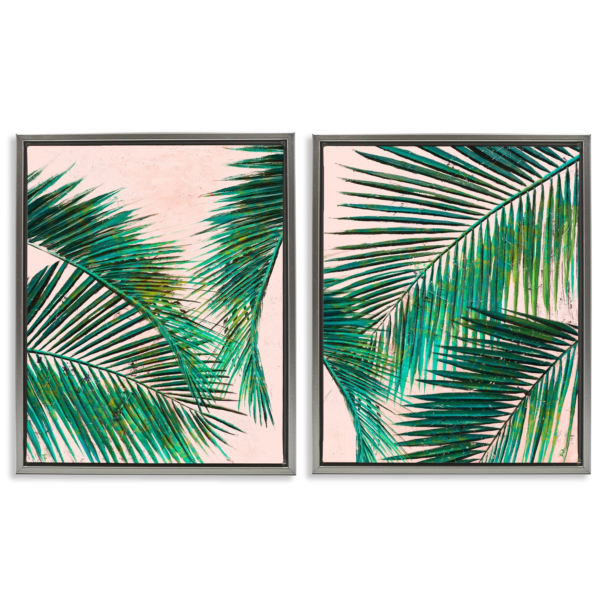 Stupell Industries Tropical Palm Fronds Plants & Flowers Painting Gray Floater Framed Canvas Art Print Wall Art, 17 x 21, Set of 2