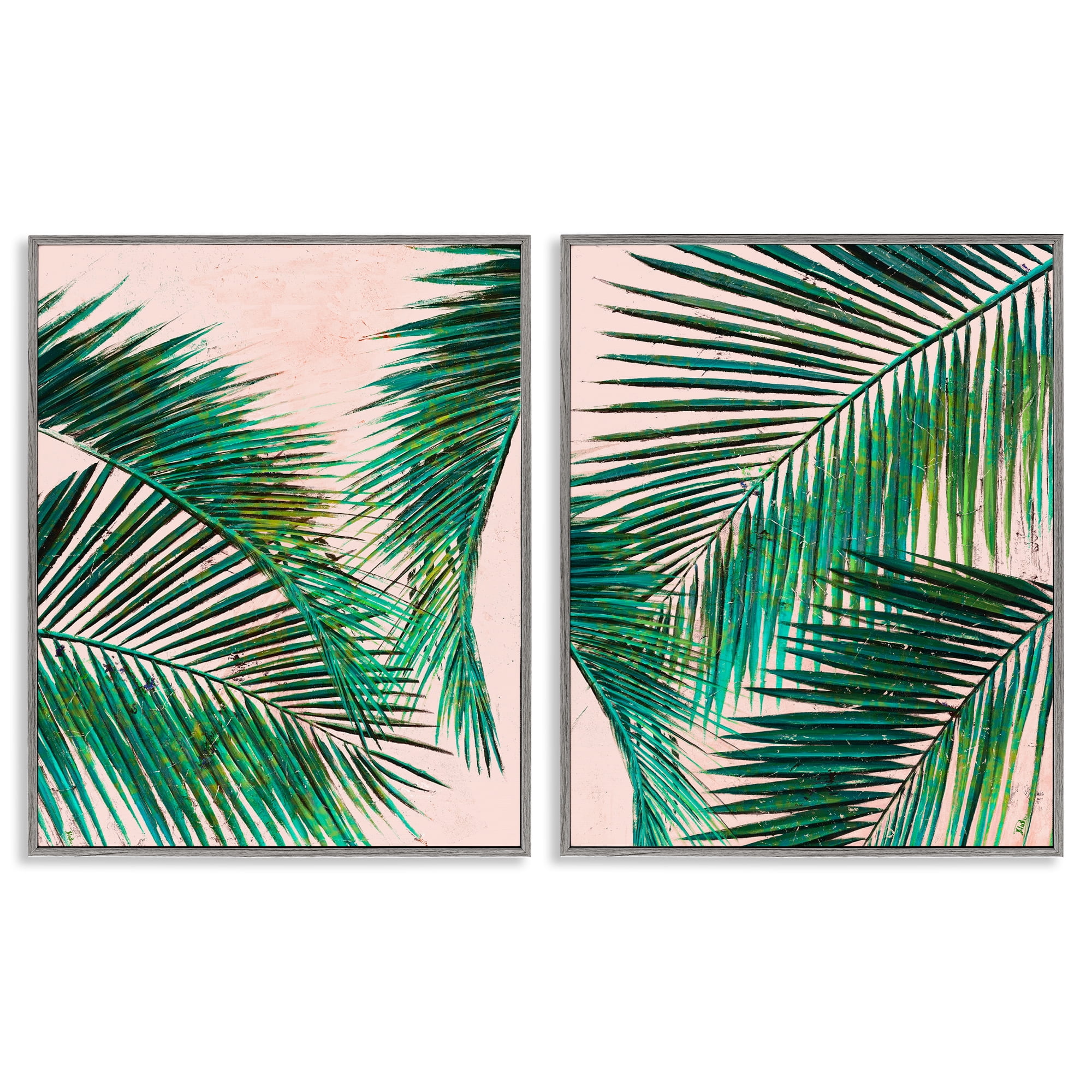 Stupell Industries Tropical Palm Fronds Plants & Flowers Painting Gray Framed Art Print Wall Art, 11 x 14, Set of 2