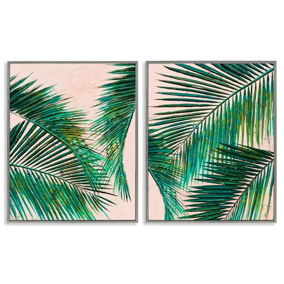 Stupell Industries Tropical Palm Fronds Plants & Flowers Painting Gray Framed Art Print Wall Art, 16 x 20, Set of 2