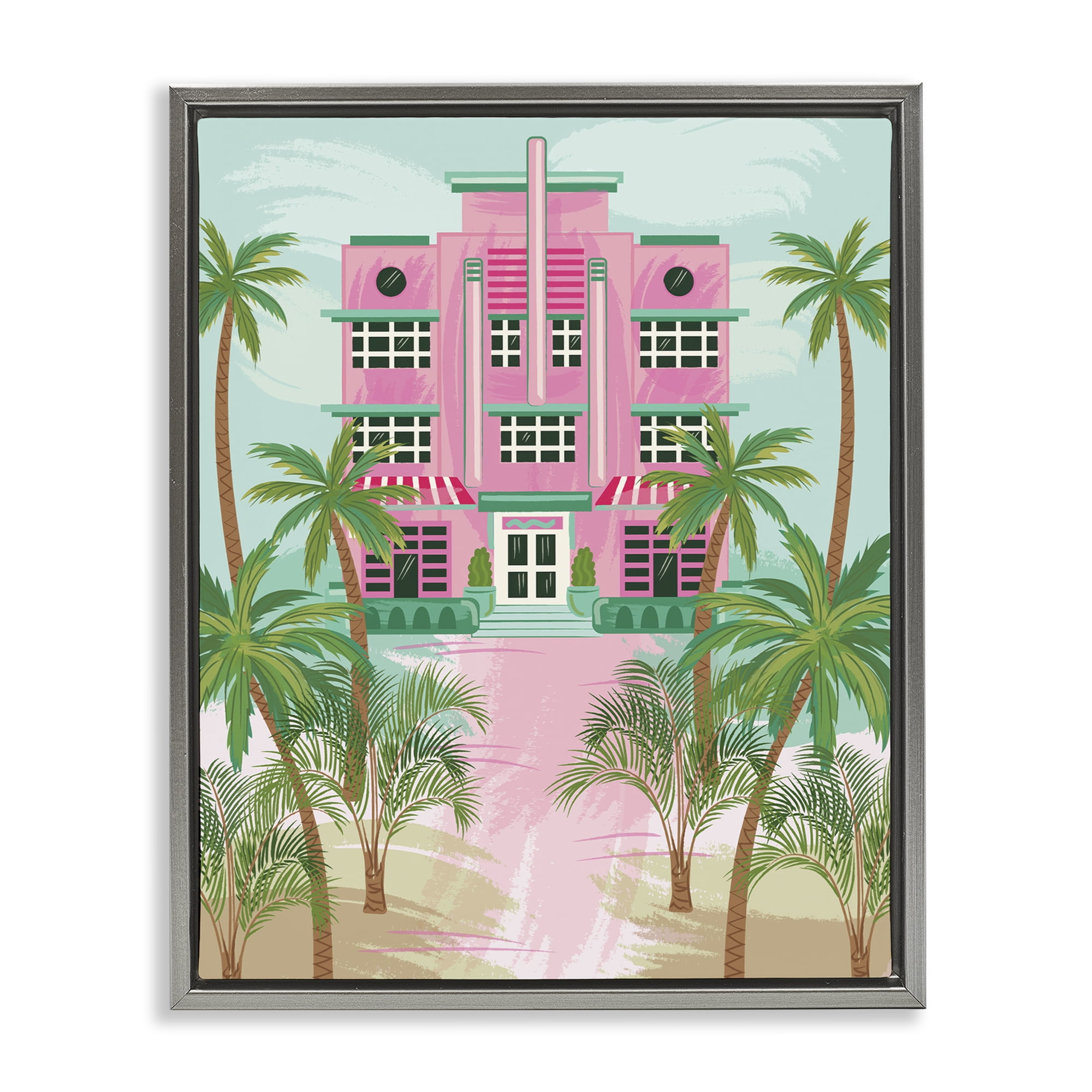 Stupell Industries Tropical Palm Hotel Nautical & Beach Painting Gray Floater Framed Canvas Art Print Wall Art, 25 x 31