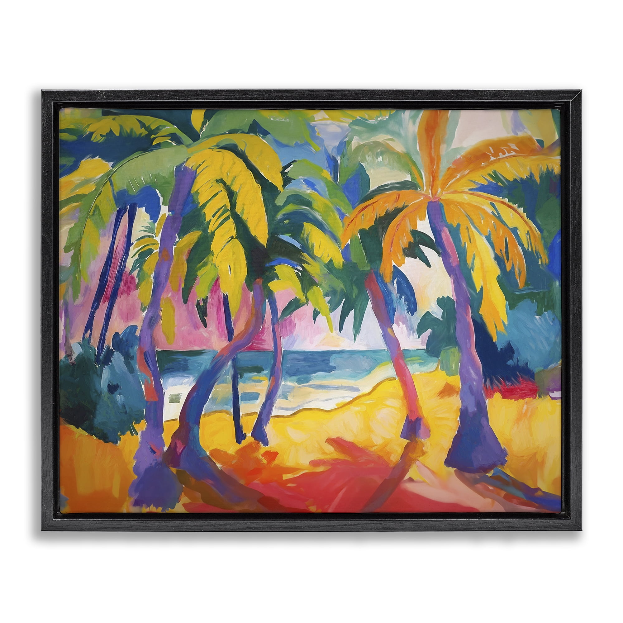 Stupell Industries Tropical Palm Paradise Coastal Painting Black Floater Framed Canvas Art Print Wall Art, 21 x 17