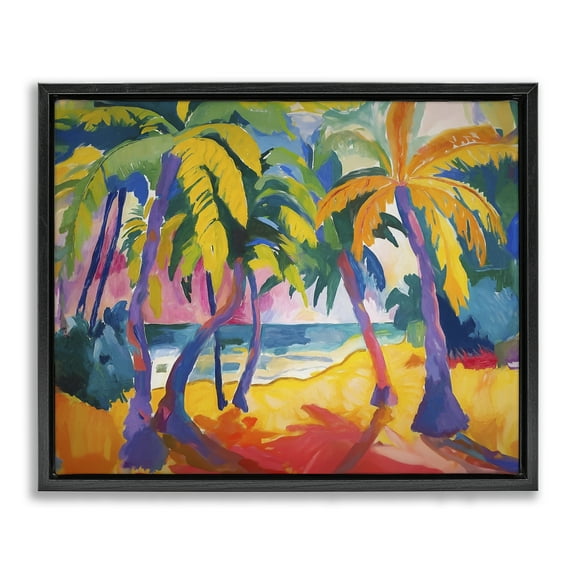 Stupell Industries Tropical Palm Paradise Coastal Painting Black Floater Framed Canvas Art Print Wall Art, 21 x 17