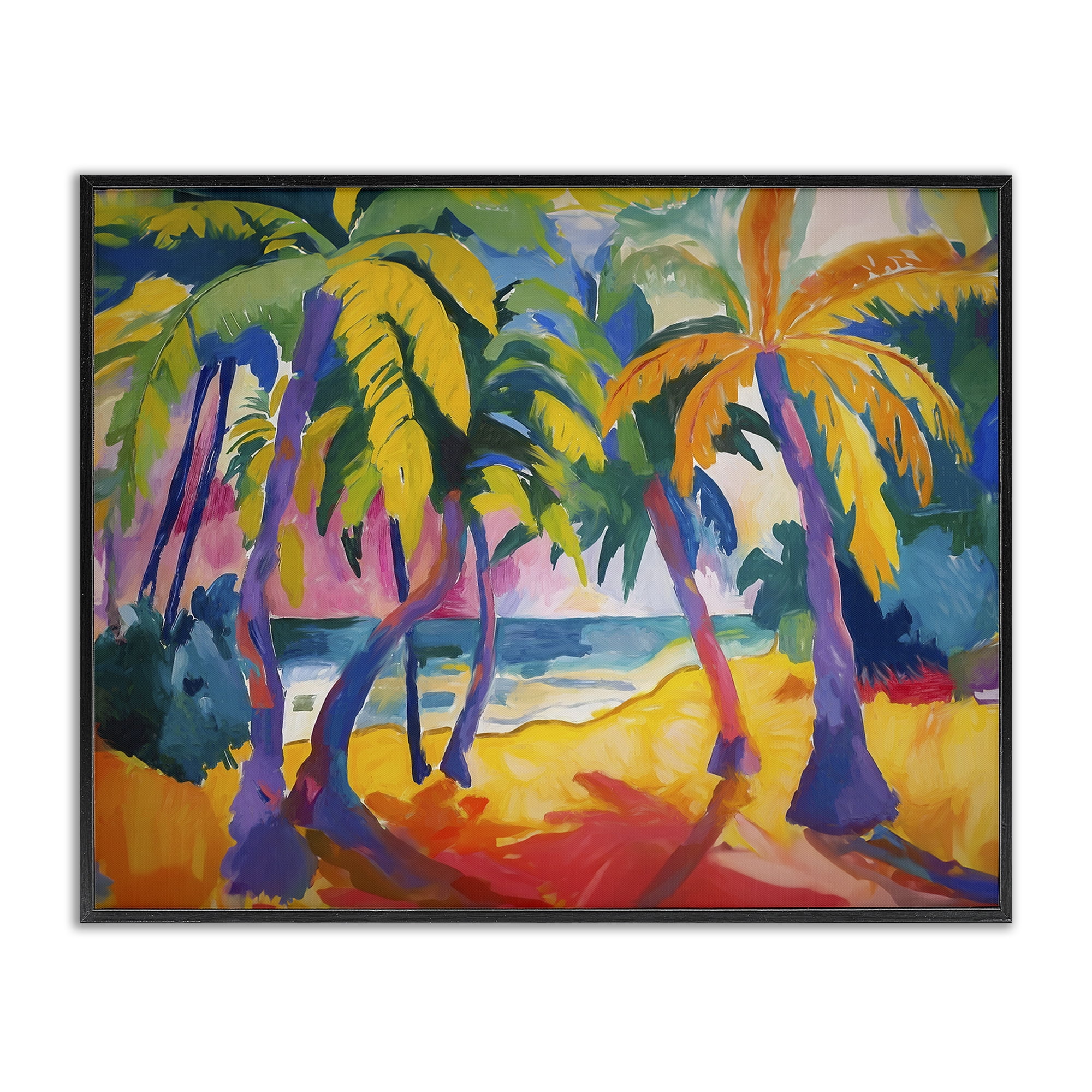 Stupell Industries Tropical Palm Paradise Coastal Painting Black Framed Art Print Wall Art, 20 x 16