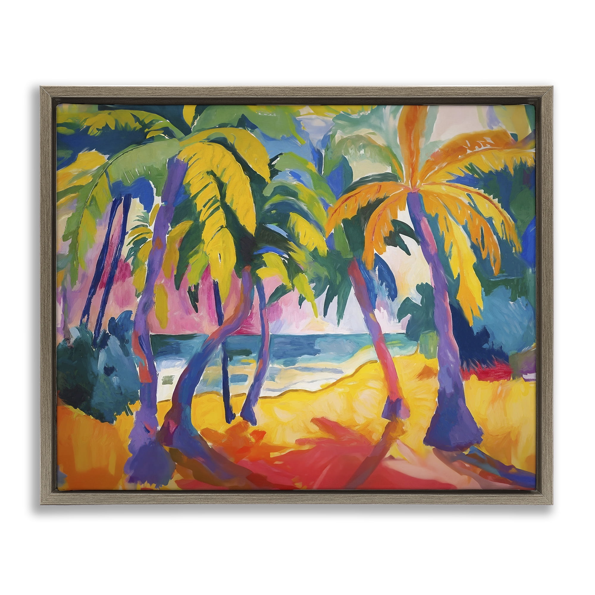 Stupell Industries Tropical Palm Paradise Coastal Painting Brown Floater Framed Canvas Art Print Wall Art, 21 x 17