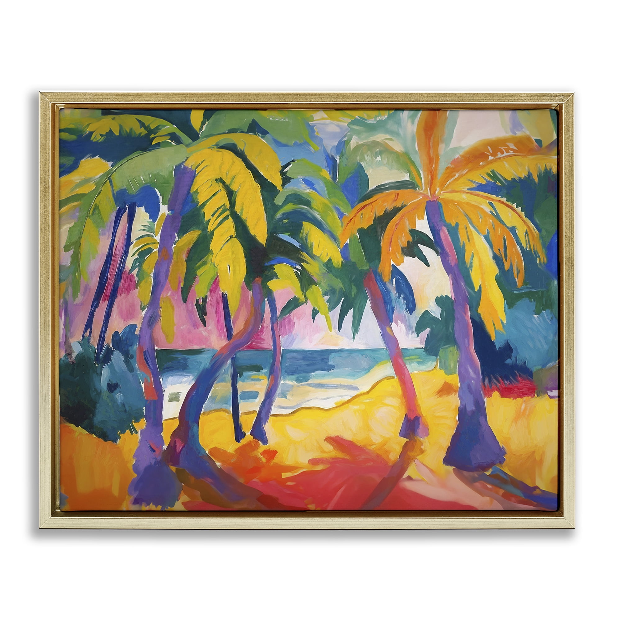 Stupell Industries Tropical Palm Paradise Coastal Painting Gold Floater Framed Canvas Art Print Wall Art, 21 x 17