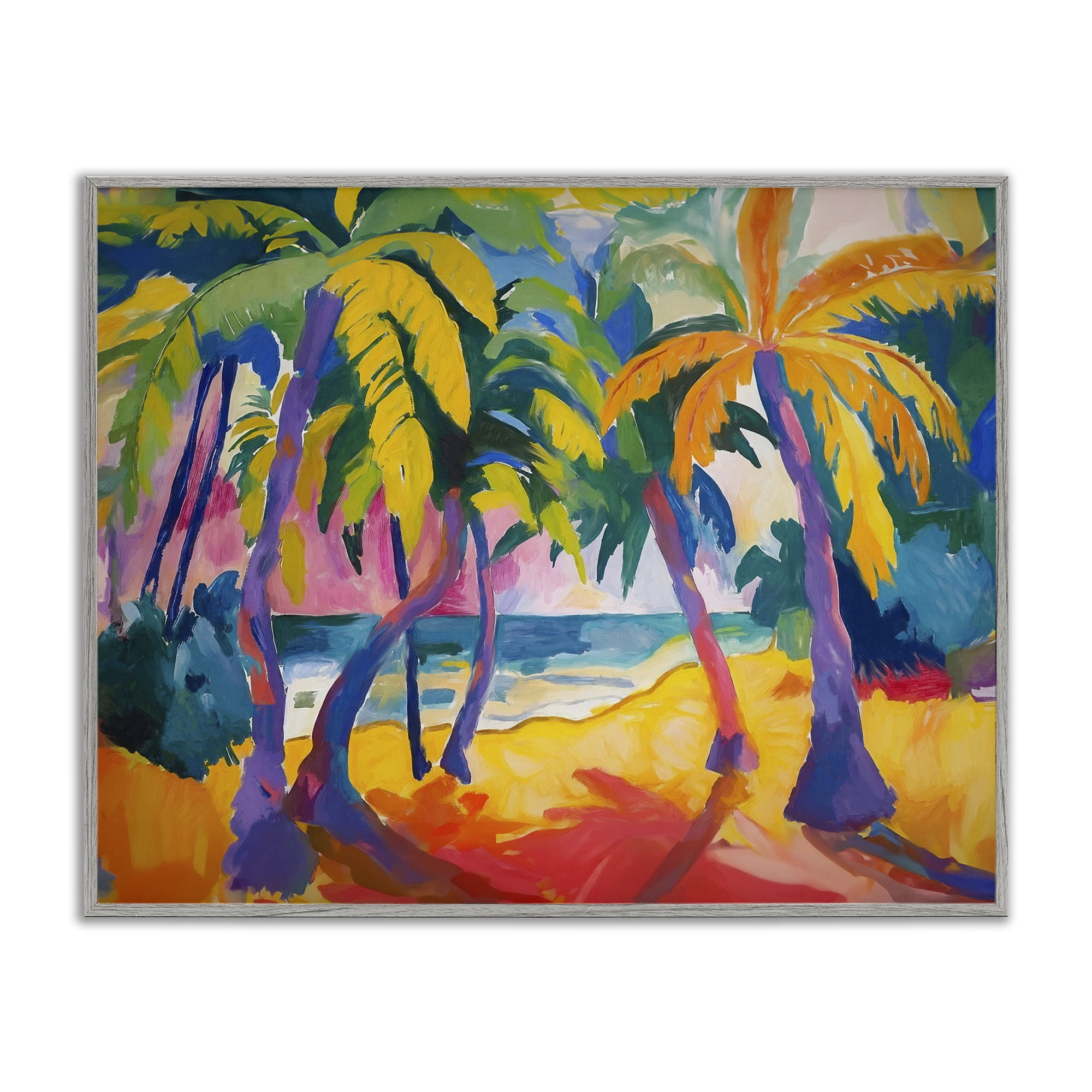 Stupell Industries Tropical Palm Paradise Coastal Painting Gray Framed Art Print Wall Art, 30 x 24