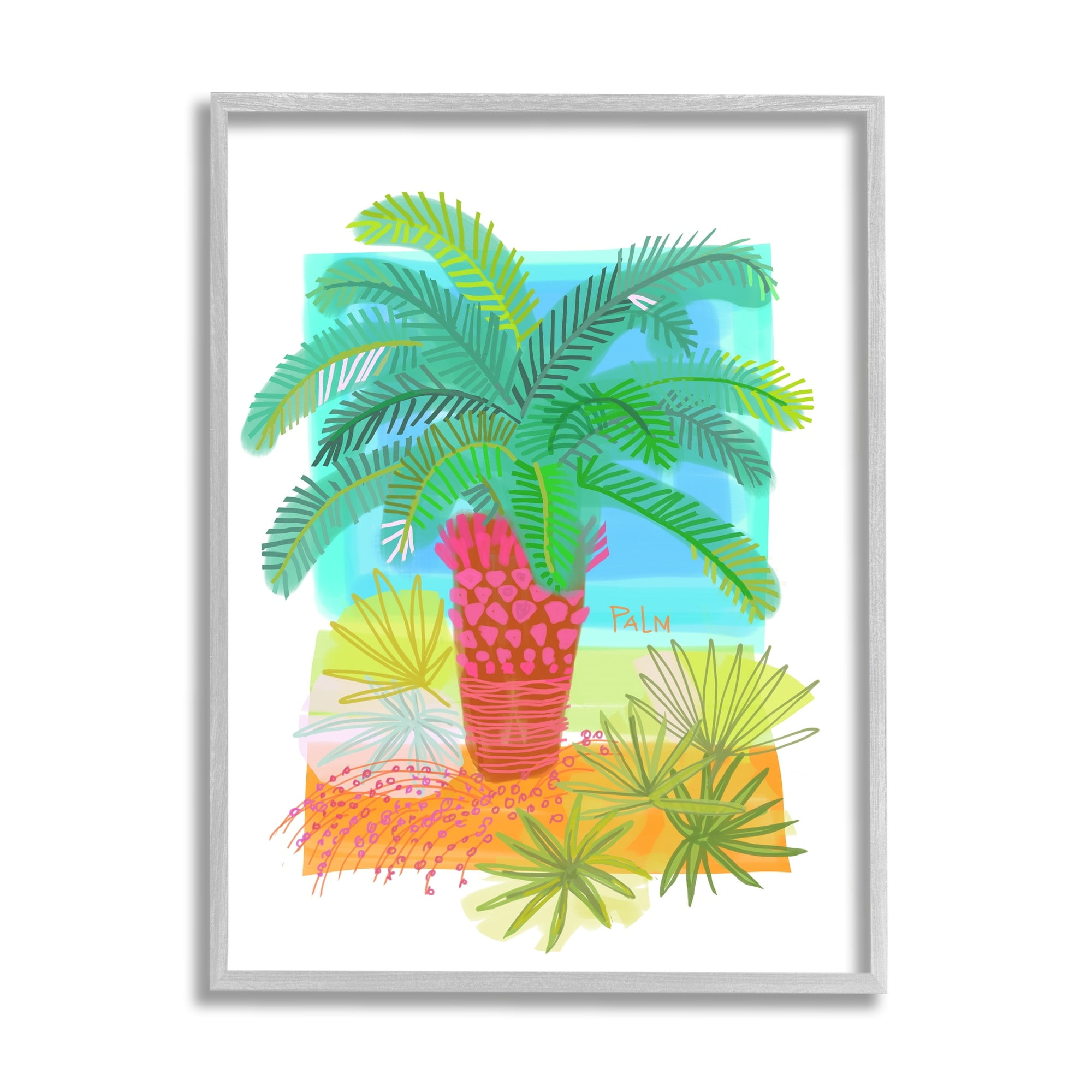 Stupell Industries Tropical Palm Plant Leaves Whimsical Summer Botanicals Graphic Art Gray Framed Art Print Wall Art, Design by unknown