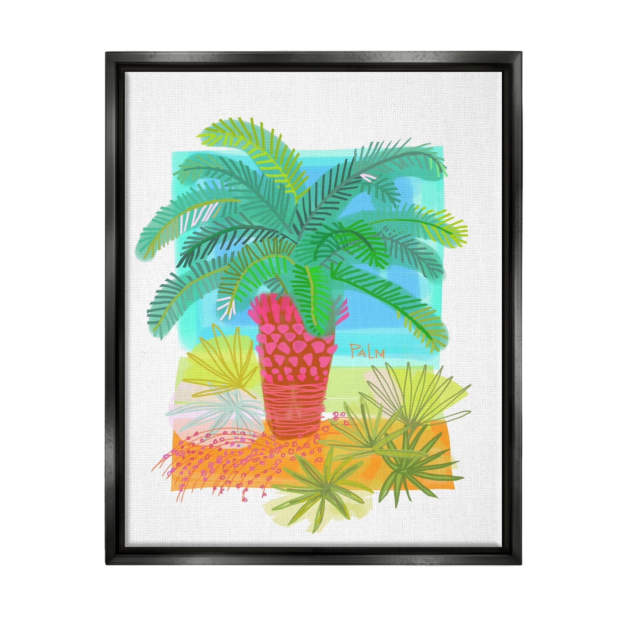 Stupell Industries Tropical Palm Plant Leaves Whimsical Summer Botanicals Graphic Art Jet Black Floating Framed Canvas Print Wall Art, Design by unknown