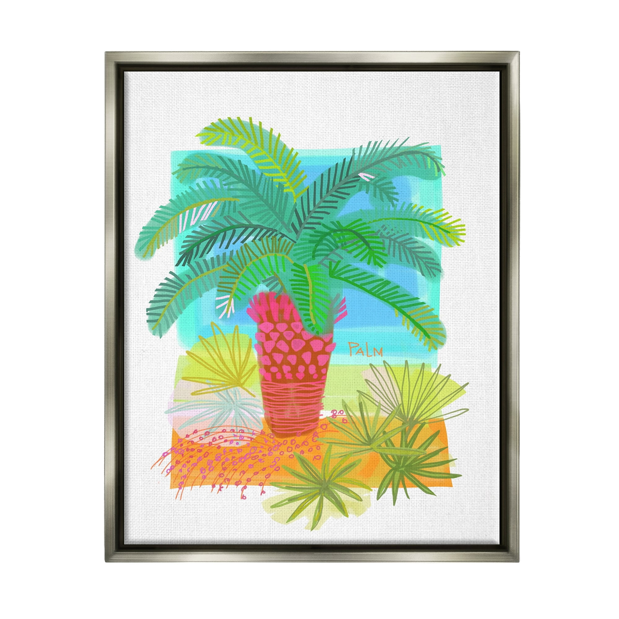 Stupell Industries Tropical Palm Plant Leaves Whimsical Summer Botanicals Graphic Art Luster Gray Floating Framed Canvas Print Wall Art, Design by unknown